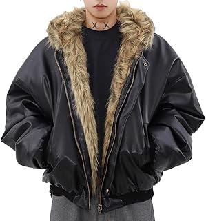 [D.IIZOO] 冬 フェイクレザージャケット フェイクファー ボンバージャケット メンズ ジャンパーフード付き ジップアップパーカー 人工毛皮 アウター ゆったり 防寒 厚手 カジュアル おしゃれ ストリート系 G1024A