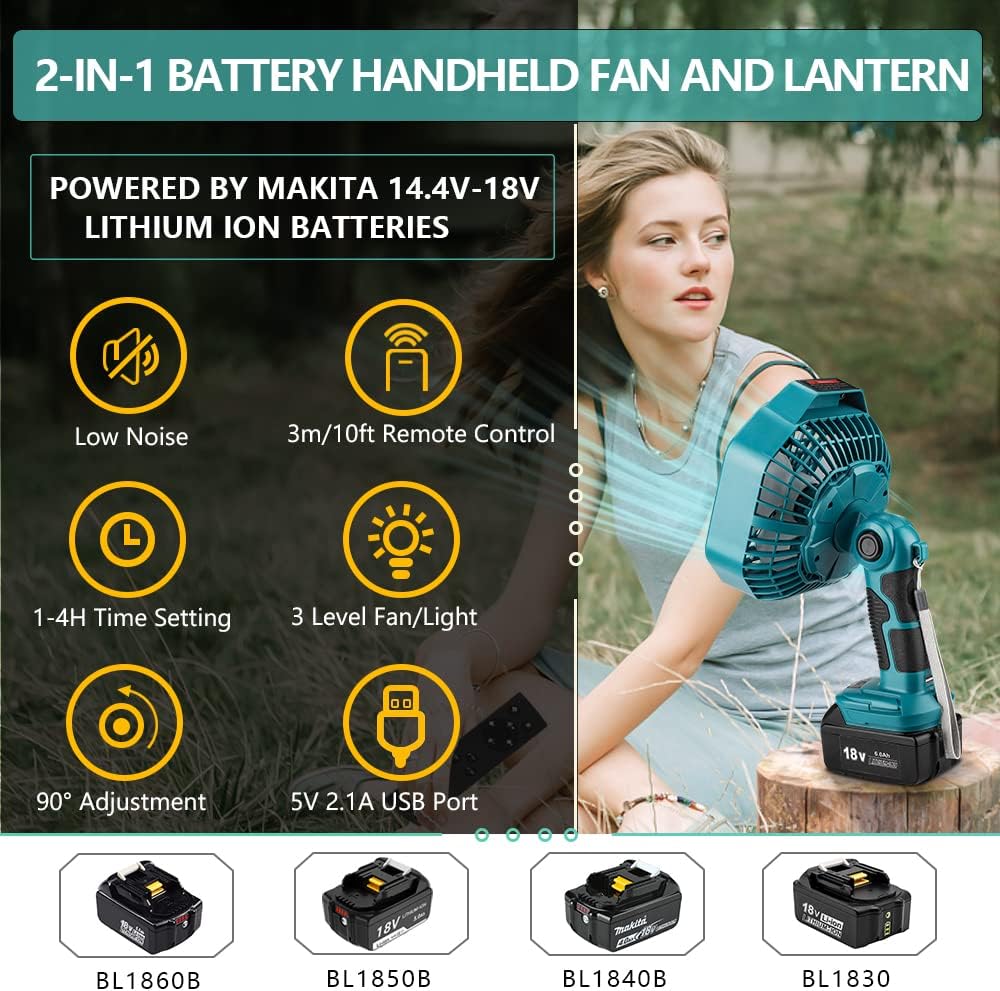 Portable Fan for Makita 18V Battery(No Battery), Battery Powered Fan with LED Lantern Function, Remote, 4H Timer, Portable Cordless Jobsite Fans for Outdoor Camping Reparing Power Outages