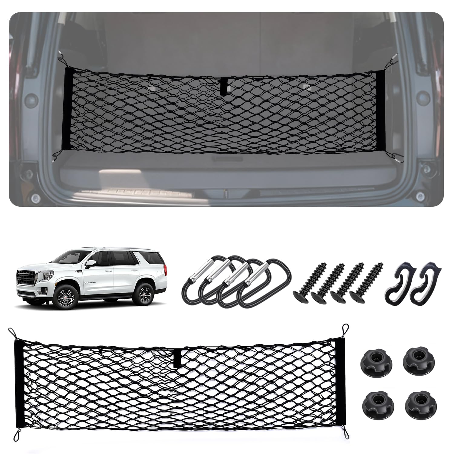 Envelope Style Caro Net for 2015-2020 GMCYukon/Chevy Tahoe/Suburban Accessories, Rear Trunk SUV Mesh Cargo Net, Upgraded 5mm Bungee&amp;Double-Layer Nylon Storage Netting Grocery&amp;Tools Holder Organizer