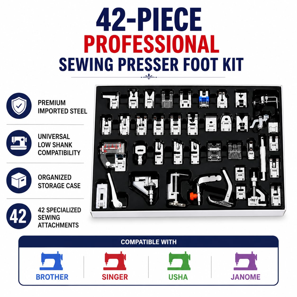 Zenith 42-Piece Sewing Machine Presser Foot Kit | Imported Steel Multi-Function Sewing Feet Set for Domestic Low Shank Machines | Compatible with Brother, Singer, Usha, Janome & More — Amazon image 2