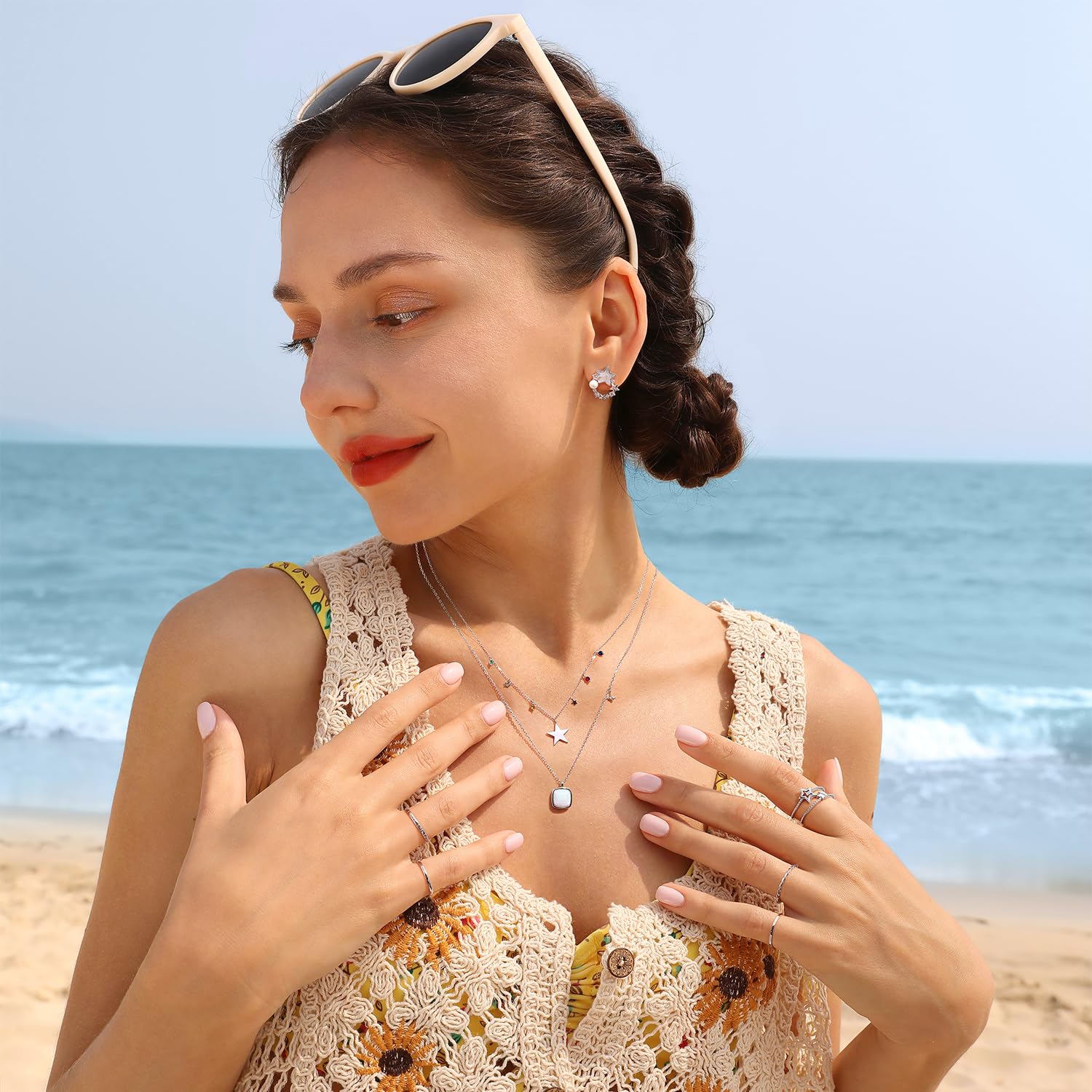 Meissa Orecchini a stella di perle fatti a mano per ragazze Tee Orecchini a perno plissettati d'oro Stella d'argento con zirconi Ipoallergenici, Argento
