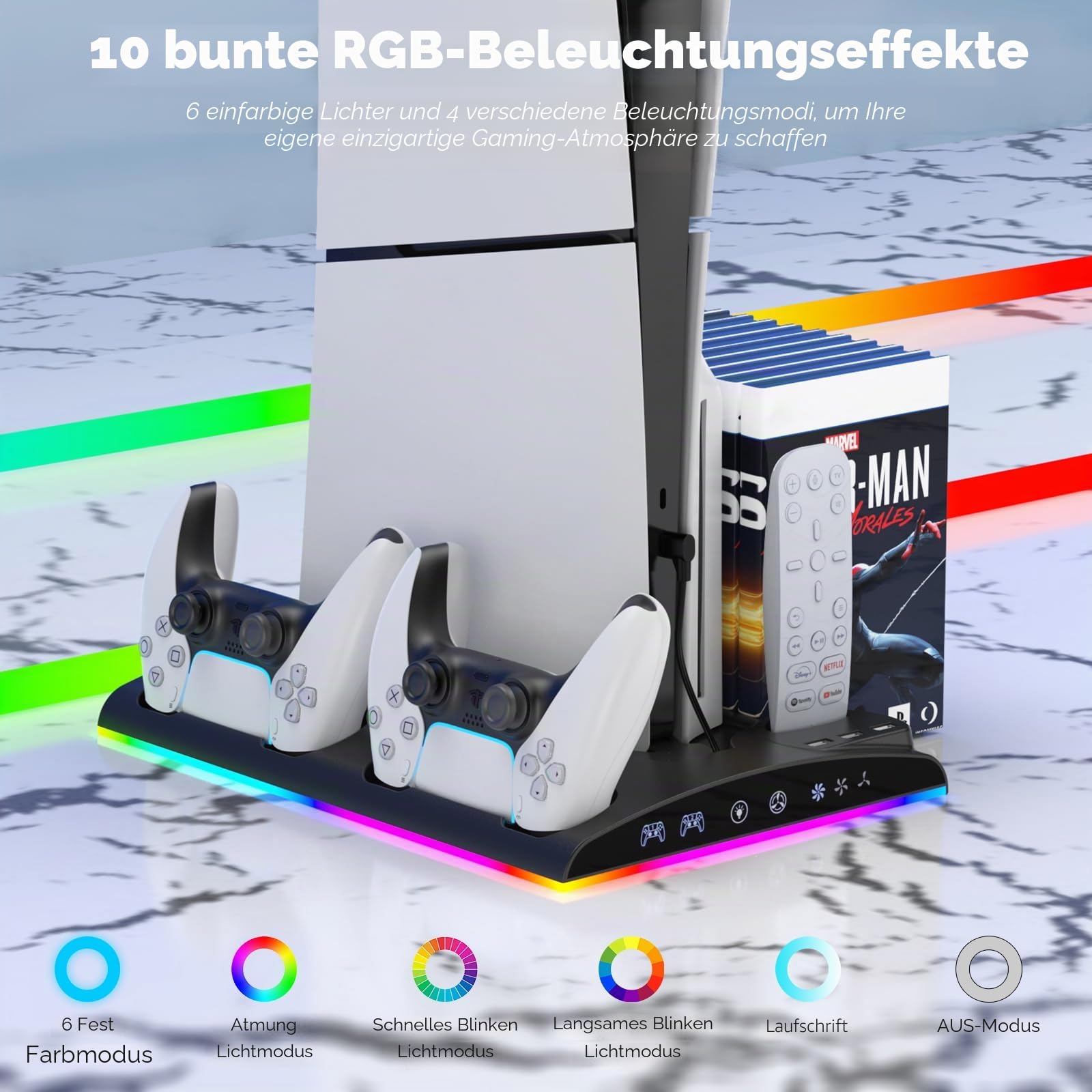 PS5/PS5 Slim Ständer mit 3 Stufigem Lüfter und RGB-Licht, 3 USB-Ports/Controller-Ladestation/Headset-Halter/Remote-Steckplatz/13 Spiele-Aufbewahrung