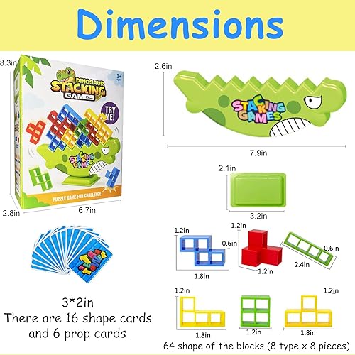 Miniatura 4 de WOWNOVA Juego de torre Tetra apilable de dinosaurio de 64 piezas para niños, noche de juegos familiares, bloques de equilibrio apilables, juego de