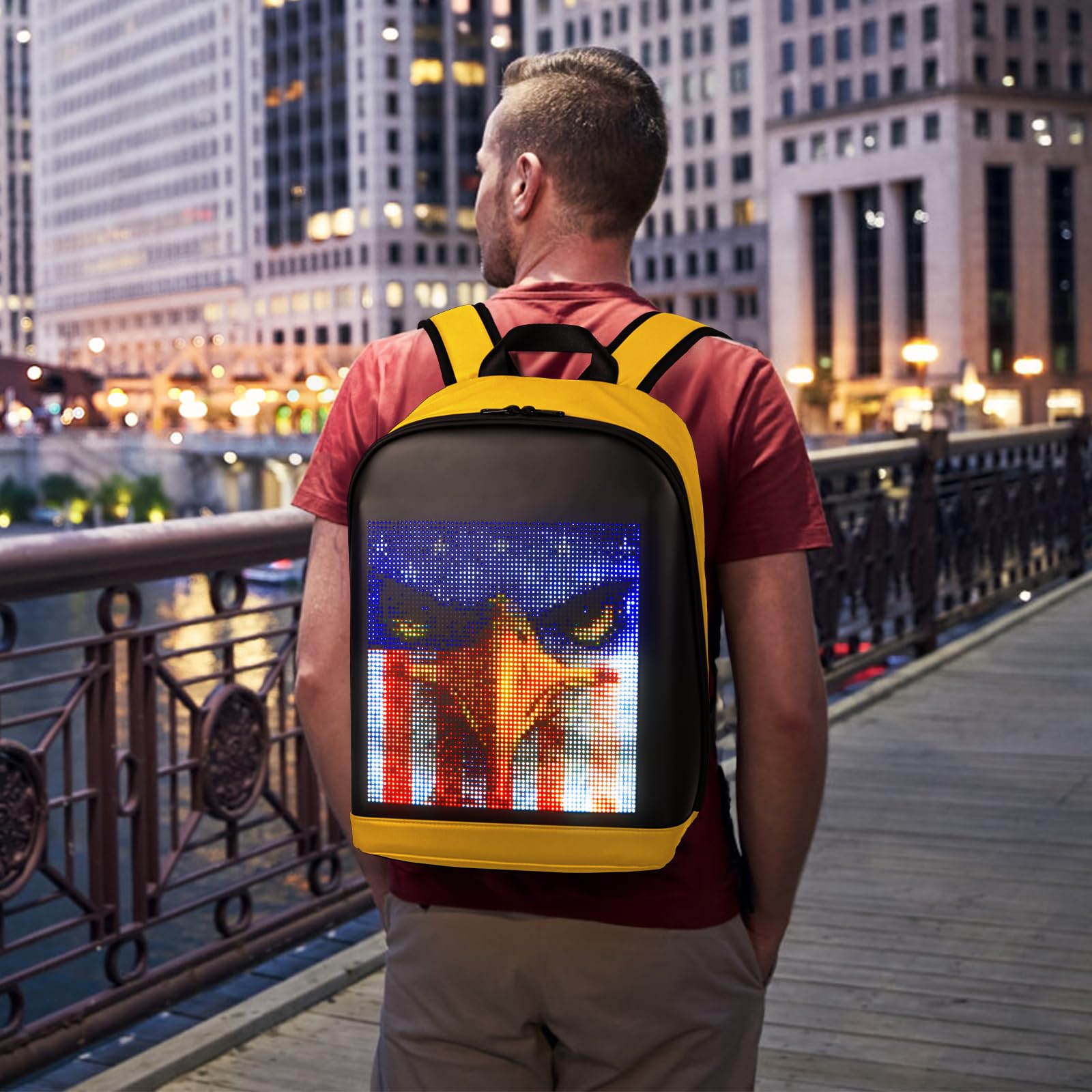 Gelrova LED Zaino con controllo tramite app, display LED dinamico, zaino per laptop, leggero e resistente, spazio multifunzionale per uomini e donne (Giallo)