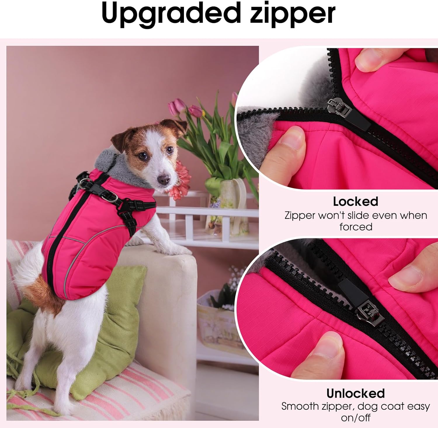 Dog Winter Coat, Windproof Dog Puffer Jacket with Harness Built in, Reflective Pet Vest for Cold Weather Dogs Snowsuit with Zipper, Rose 3XL