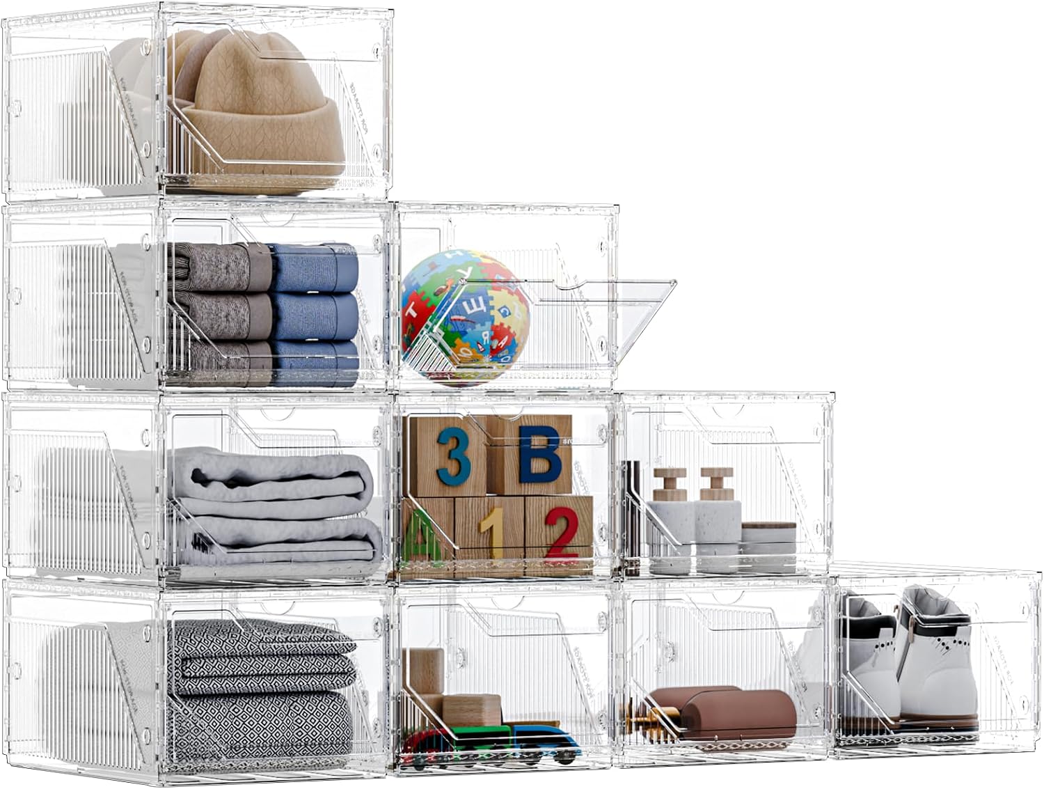 10 Pack Upgraded XX-Large Closet Organizers and Storage with Magnetic Door, New structure is more stable, Thicken & Sturdy Clear Stackable Interconnectable Shoe Box for Entryway, Under Bed