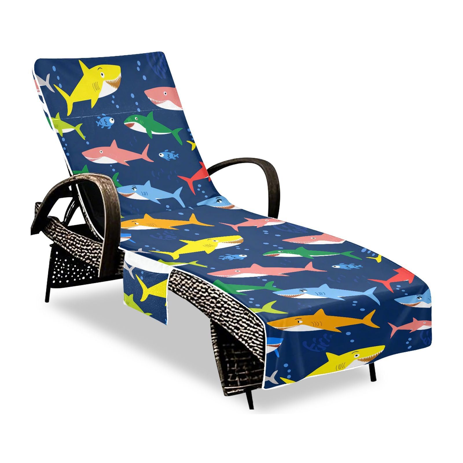 BOESI Graffiti Color Shark Beach Chair Towel, Outdoor Pool Chair Cover, with Pockets, Suitable for Outdoor Beach Garden Sunbathing, 85'' x 30''