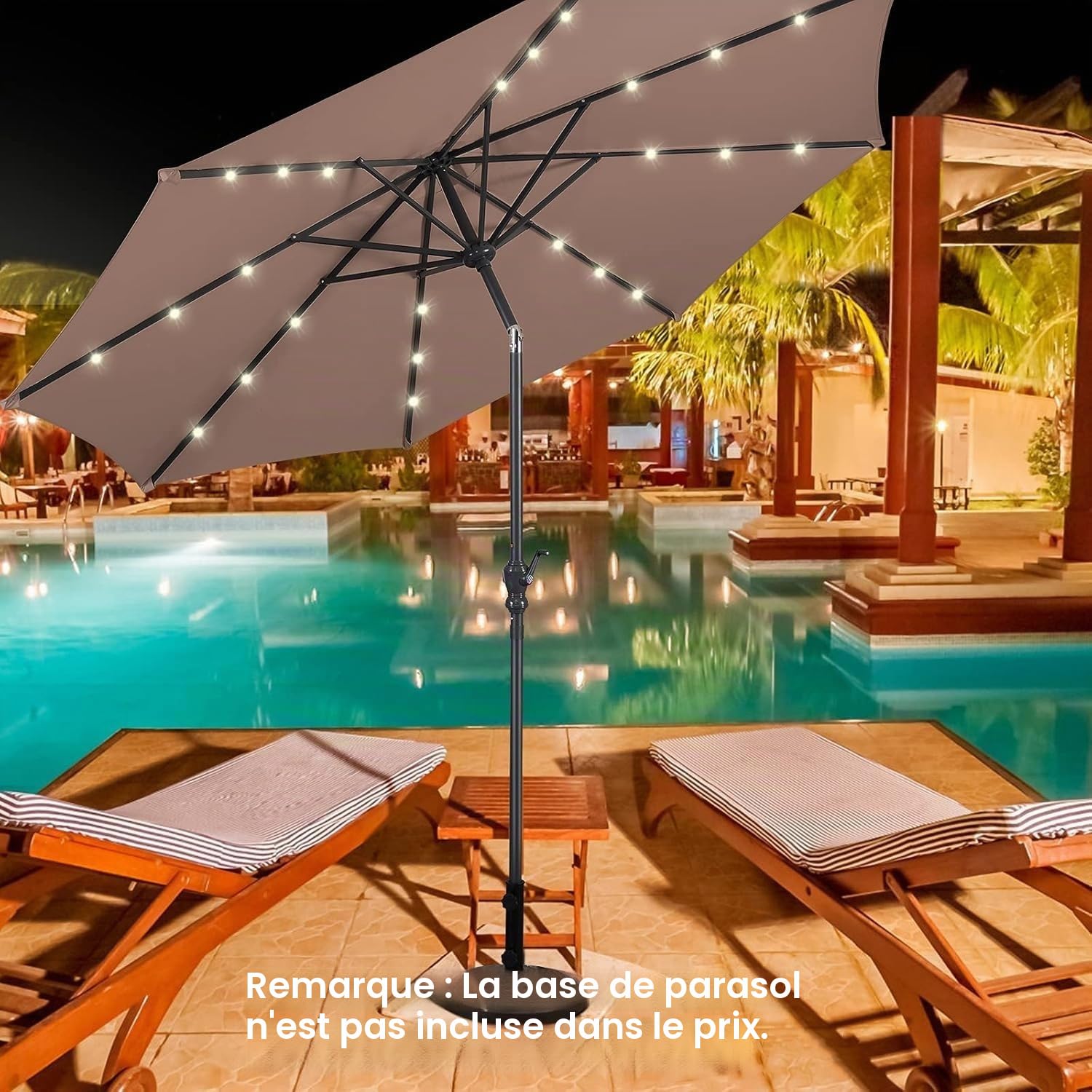 GIANTEX Parasol de Jardin Extérieur 3M, Parasol Inclinable avec 24 Éclairage Solaire LED, 8 Baleines en Métal, Protection UV, pour Terrasse, Jardin, Balcon (Café)