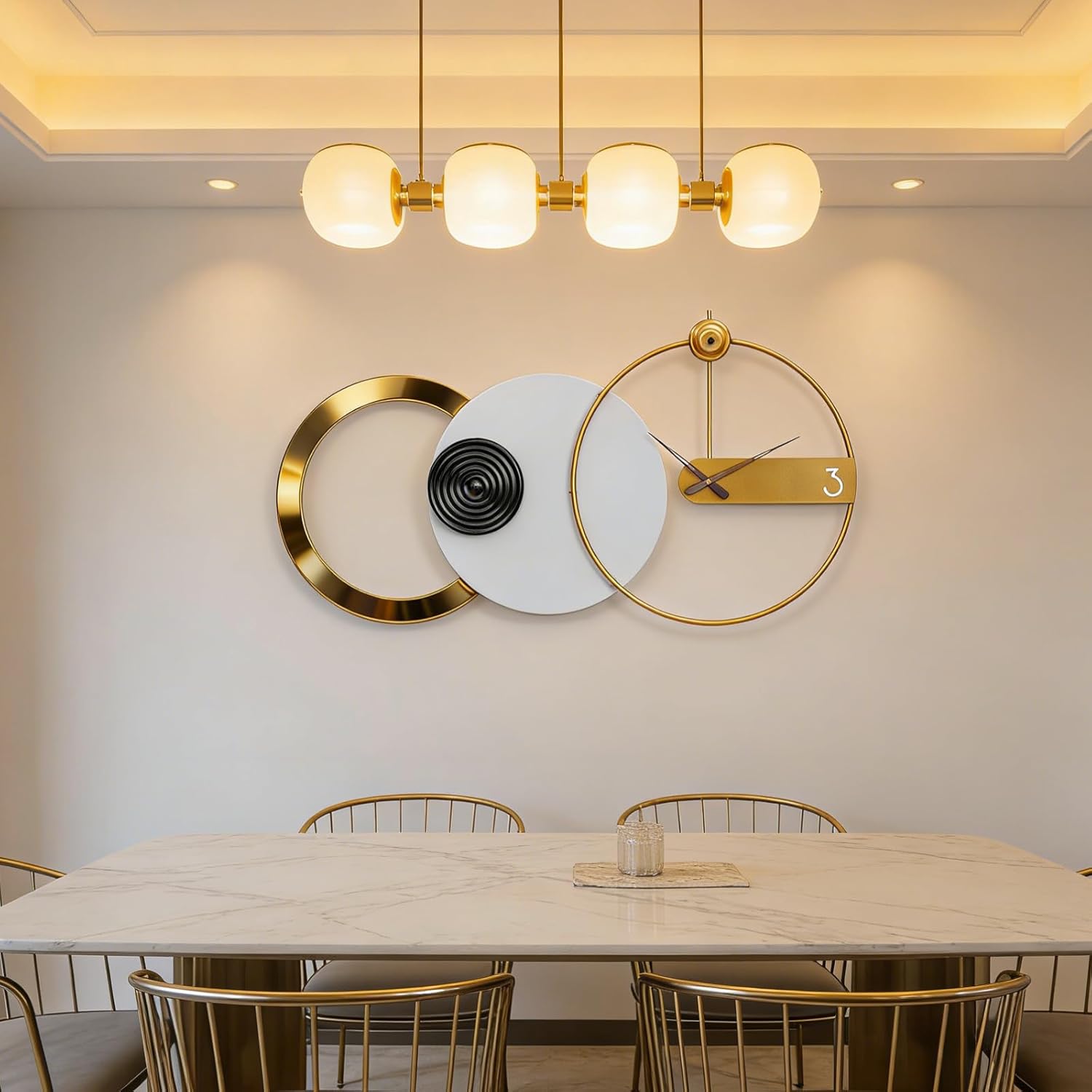 Modern Luxury Geometric Wall Clock, Large 3D Gold Metal Ring Abstract Art, Silent Non-Ticking, for Living Room Bedroom Office Decor, 17.7"x33.26"