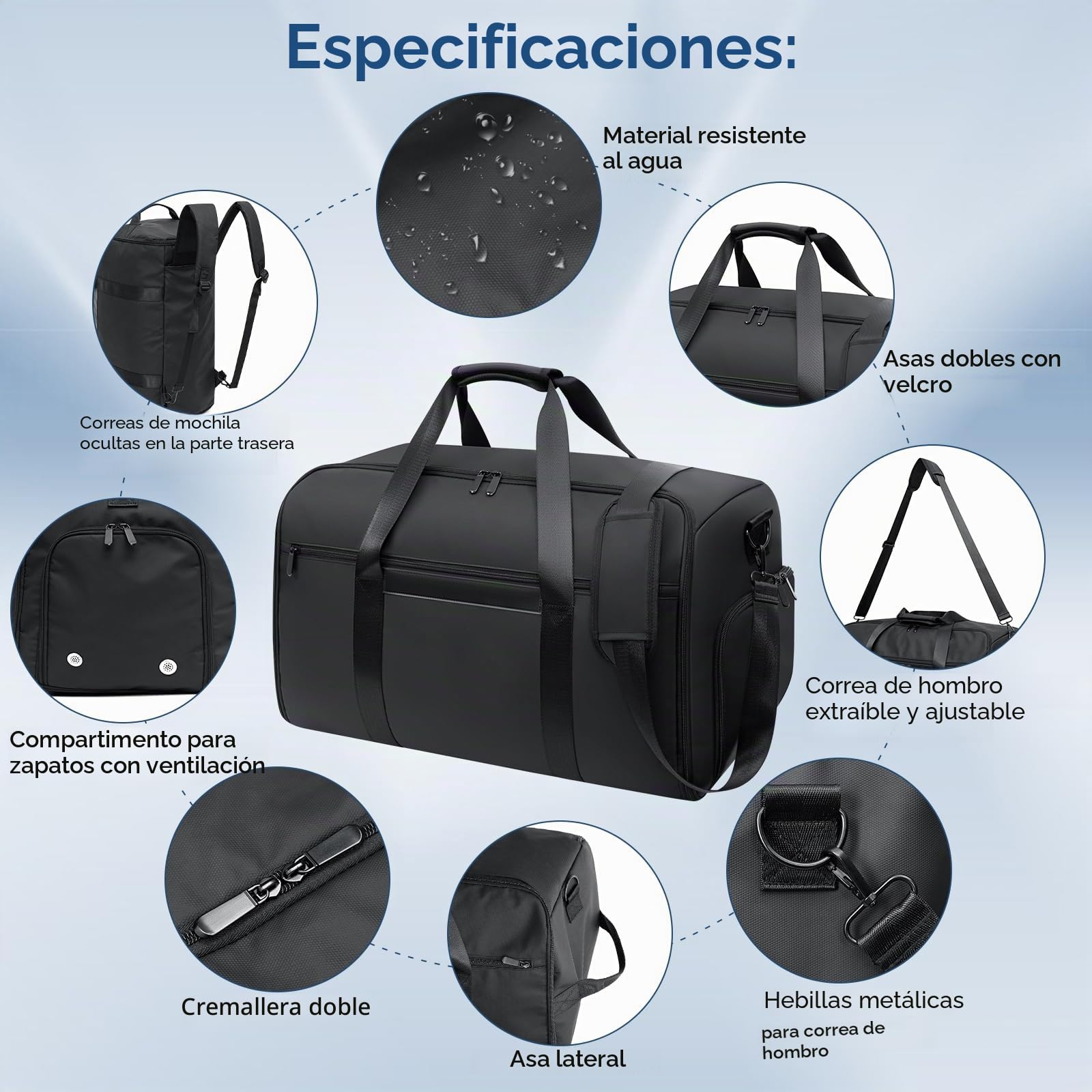 GARPROVM Bolsa de Viaje Convertible 4 en 1, con Compartimento Separado para Traje y Zapatos, Impermeable. Equipaje de Mano, Mochila o Bolsa de Fin de Semana para Hombres y Mujeres (Negro)