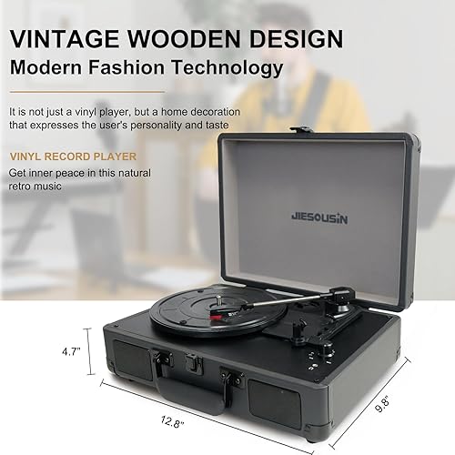 Miniatura 7 de Tocadiscos de vinilo, 3 velocidades Bluetooth portátil con altavoces integrados, auriculares, entrada AUX, reproductor de vinilo de línea RCA para