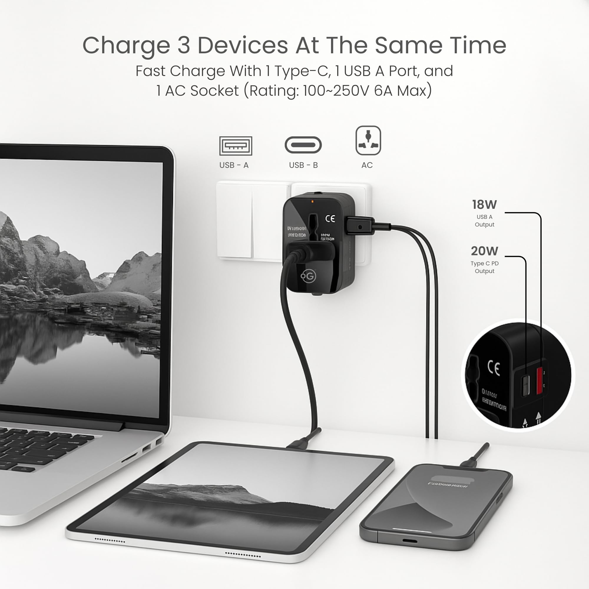 OOGE Universal Travel Adapter All-in-One, 38W Fast Charger with USB-C PD & QC 3.0 USB-A, International Travel Adapter for 200+ Countries with US/UK/EU/AU Plugs, Compact Universal Charger Adapter — Amazon image 6