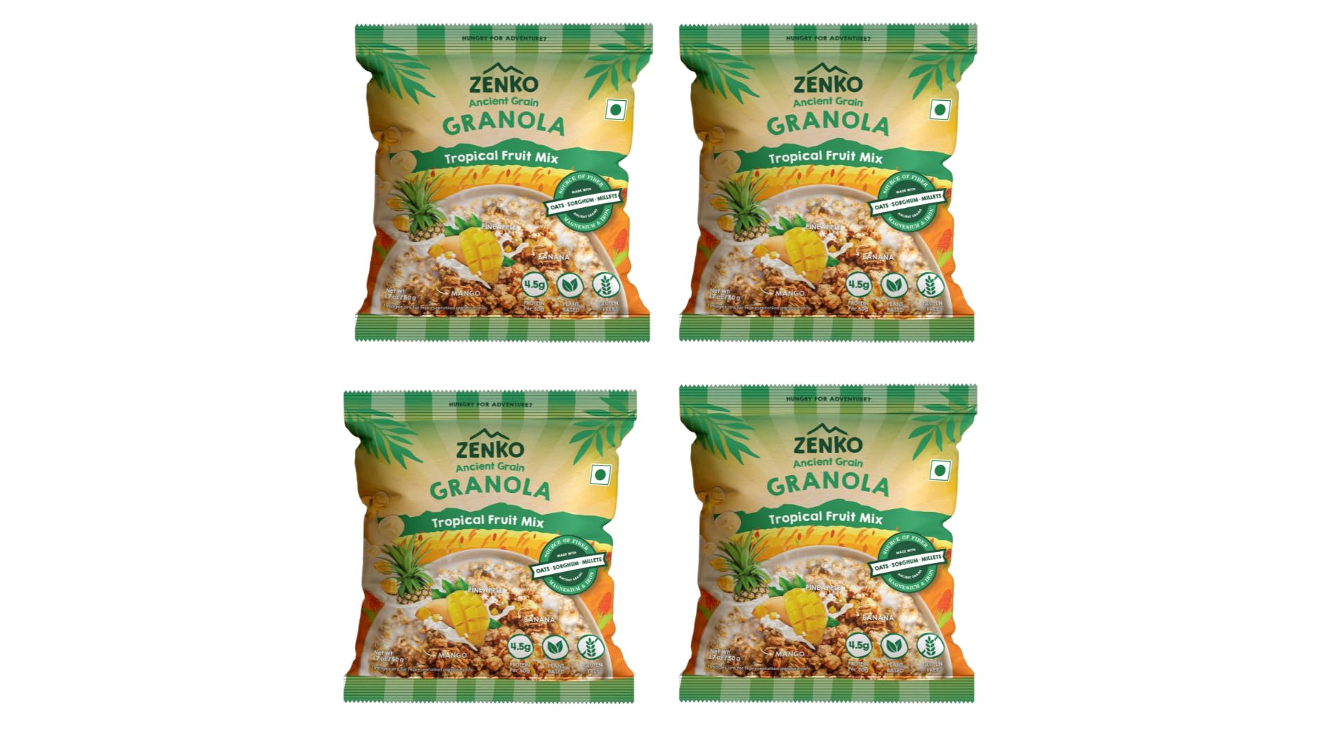 ZENKO Ancient Grain | Tropical Fruit Mix Granola | with Oats, Sorghum, Millets, Pineapple, Banana, Mango | Plant-Based, Gluten-Free | 50g | Pack of 4-image-36