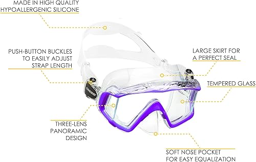 Vista 2 de Cressi Panoramic Wide View Mask & Dry Snorkel Kit for Snorkeling, Scuba Diving - Pano 3 & Supernova Dry: Designed in Italy Transparente/Púrpura