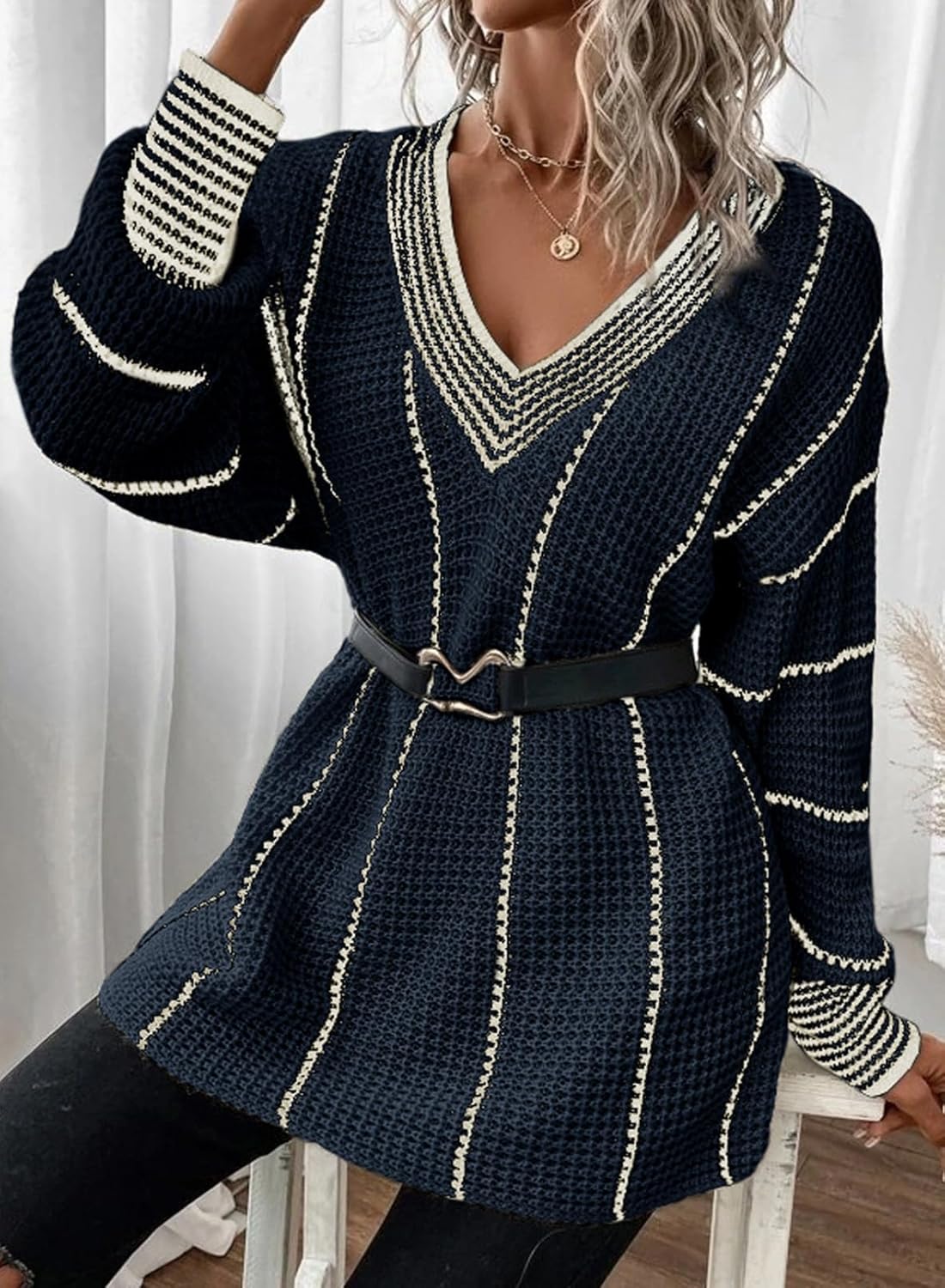 Dokotoo Womens Oversized Striped Tunic Sweaters Casual V Neck Long Sleeve Color Block Knit Pullover Jumper Tops - Image 3