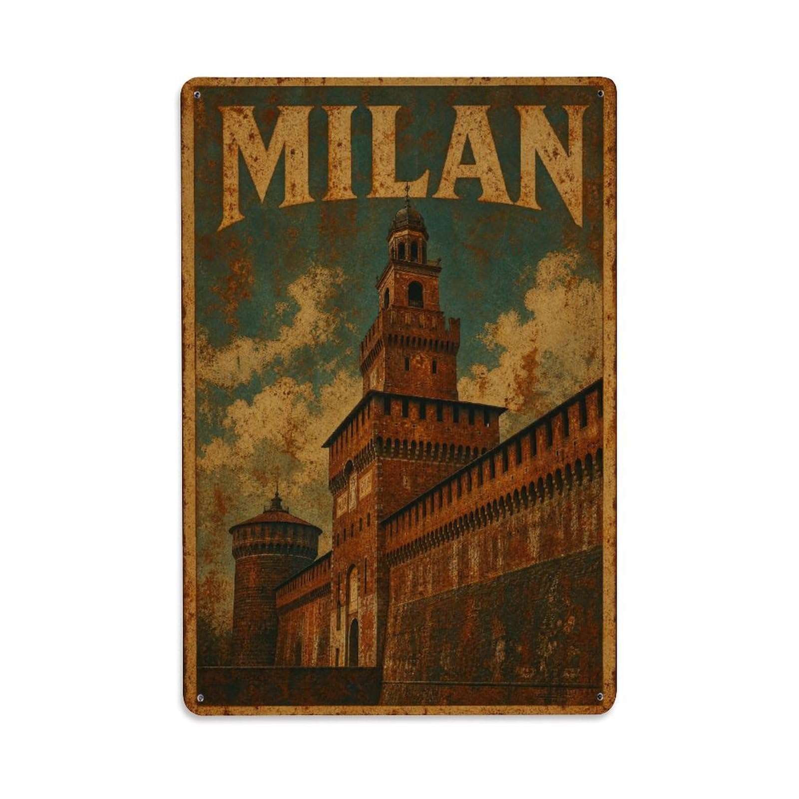 Huiyhb 8X12inch(20X30cm) Vintage Travel Milan Sforza Castle Tower View Italy Metal Tin Sign
