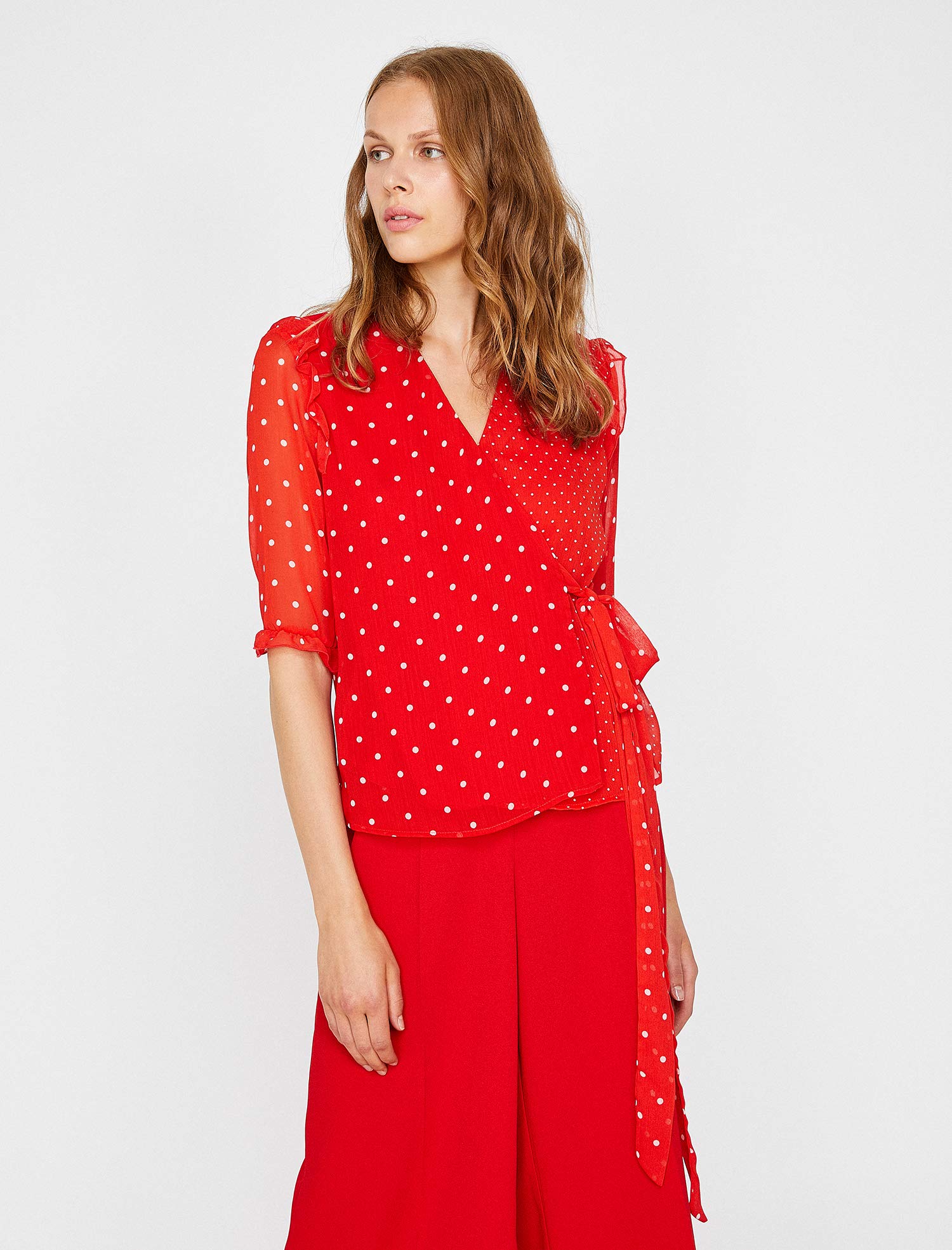 Koton Women's Wrap blouse with dot pattern, Red (Rot 01d), 10 UK (38 EU)