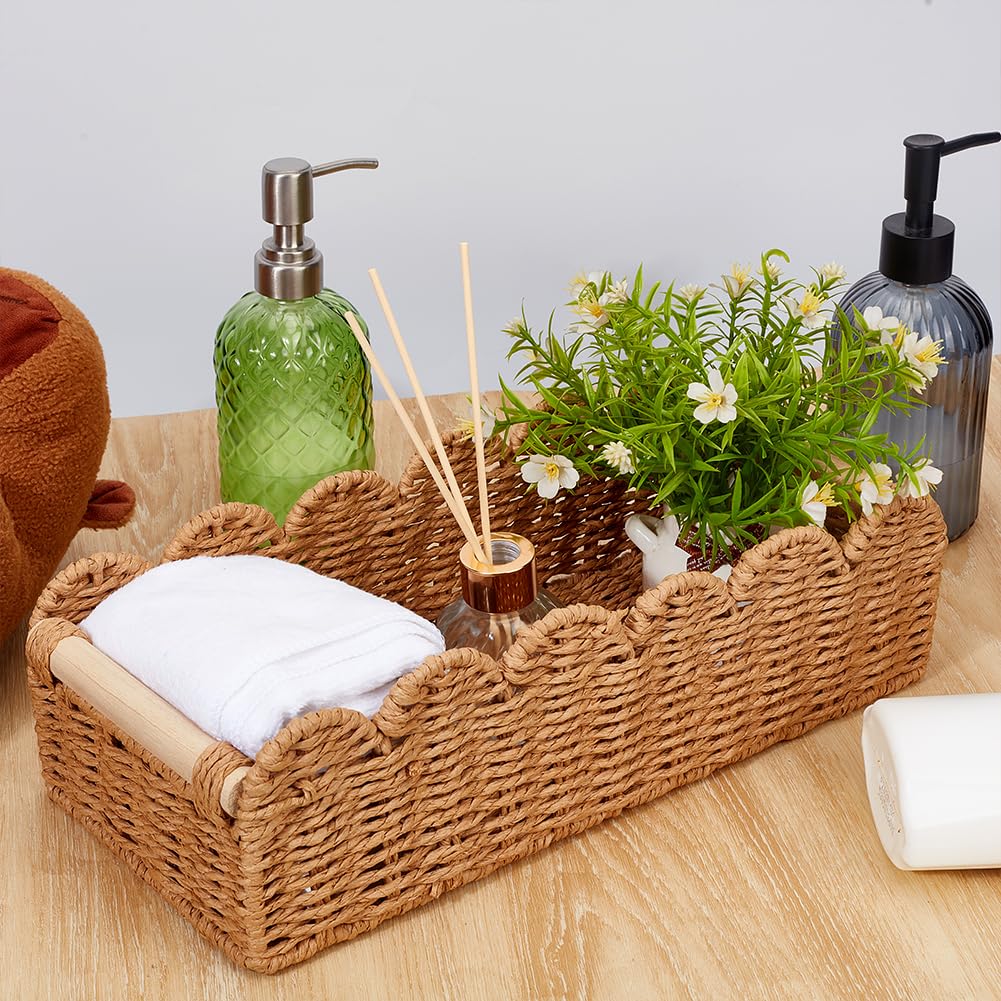2 cestas de ratán para cuarto de baño, cestas de almacenamiento, cestas largas y estrechas, cestas de almacenamiento, caja de inodoro, cesta de mimbre con borde arqueado, recipiente pequeño