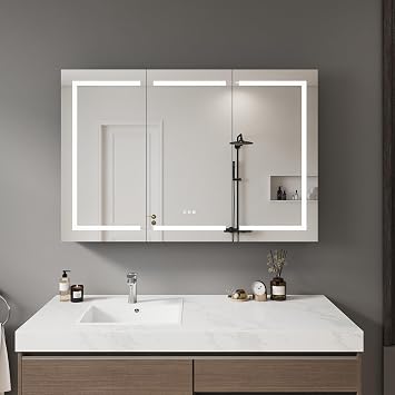 54"36" Lighted Medicine Cabinet with Mirror,Wall Mounted Bathroom Mirror with Storage,3 Doors Bathroom Wall Cabinet with Adjustable Shelves