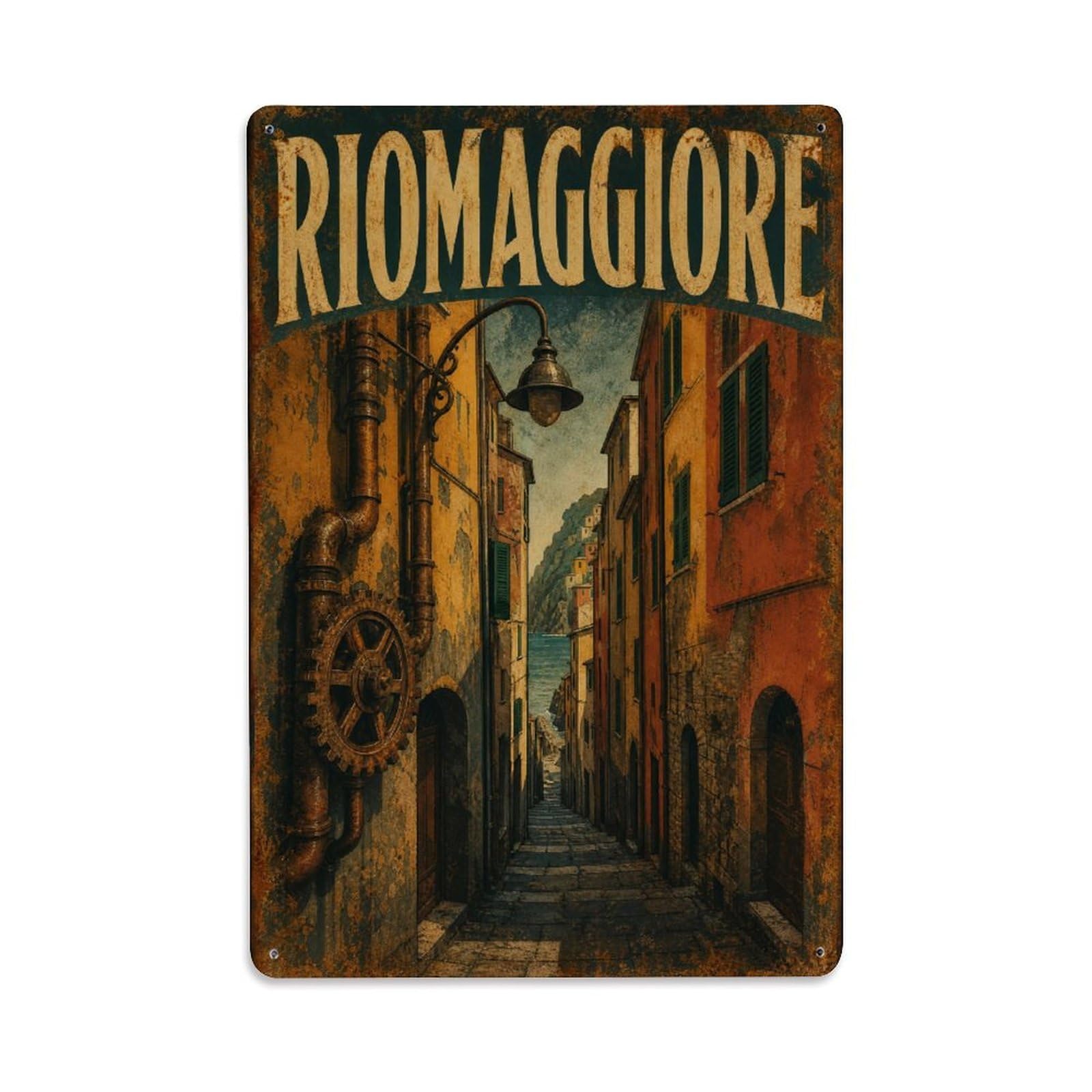 Huiyhb 8X12inch(20X30cm) Vintage Travel Riomaggiore Alleyway Narrow Street Italy Metal Tin Sign
