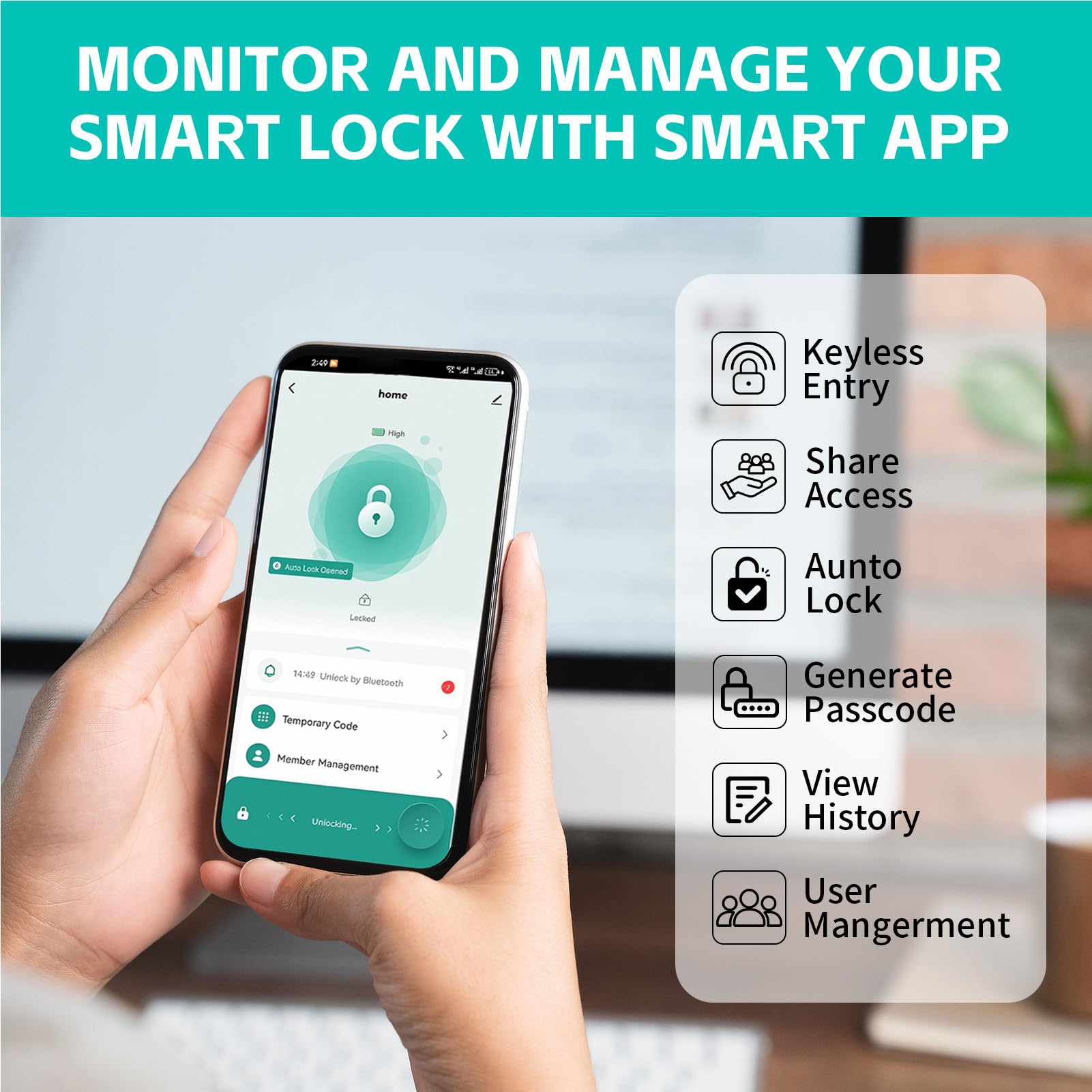 Serratura per porta con impronta digitale con accesso remoto tramite APP WiFi, ingresso senza chiave per porta in vetro senza telaio Chiusura con gancio in lega di alluminio
