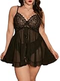 Women's Plus Size 2 Piece Lace Sheer Open Front Underwire Chemise Nightdress with Panty Lingerie Set