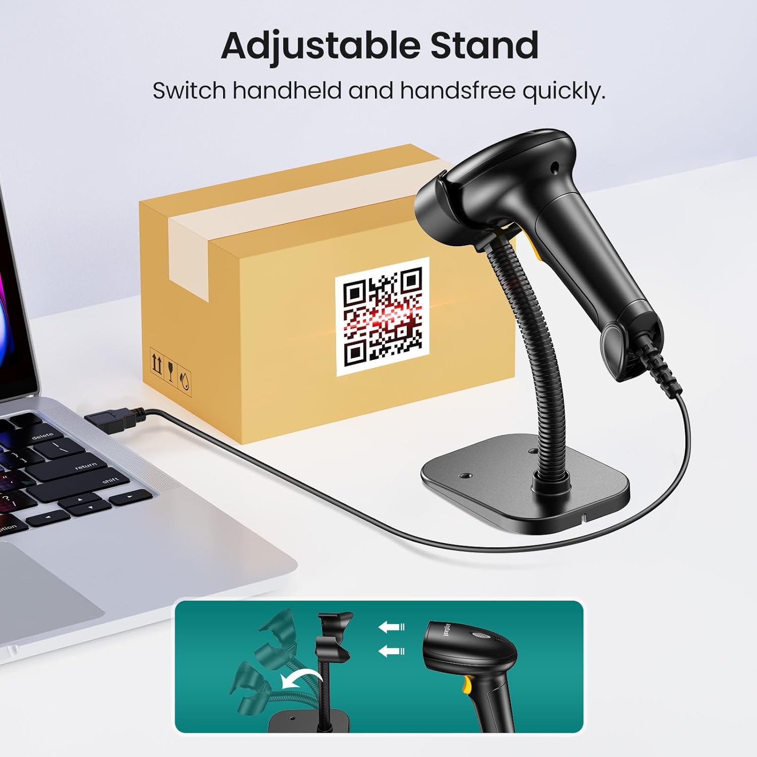 Barcode Scanner with Stand: USB Wired Inventory 2D 1D QR Code Scanner,Compatible with Computer POS MAC with Automatic Scanning, Handheld Barcode Reader for Library Supermarket（Yellow）