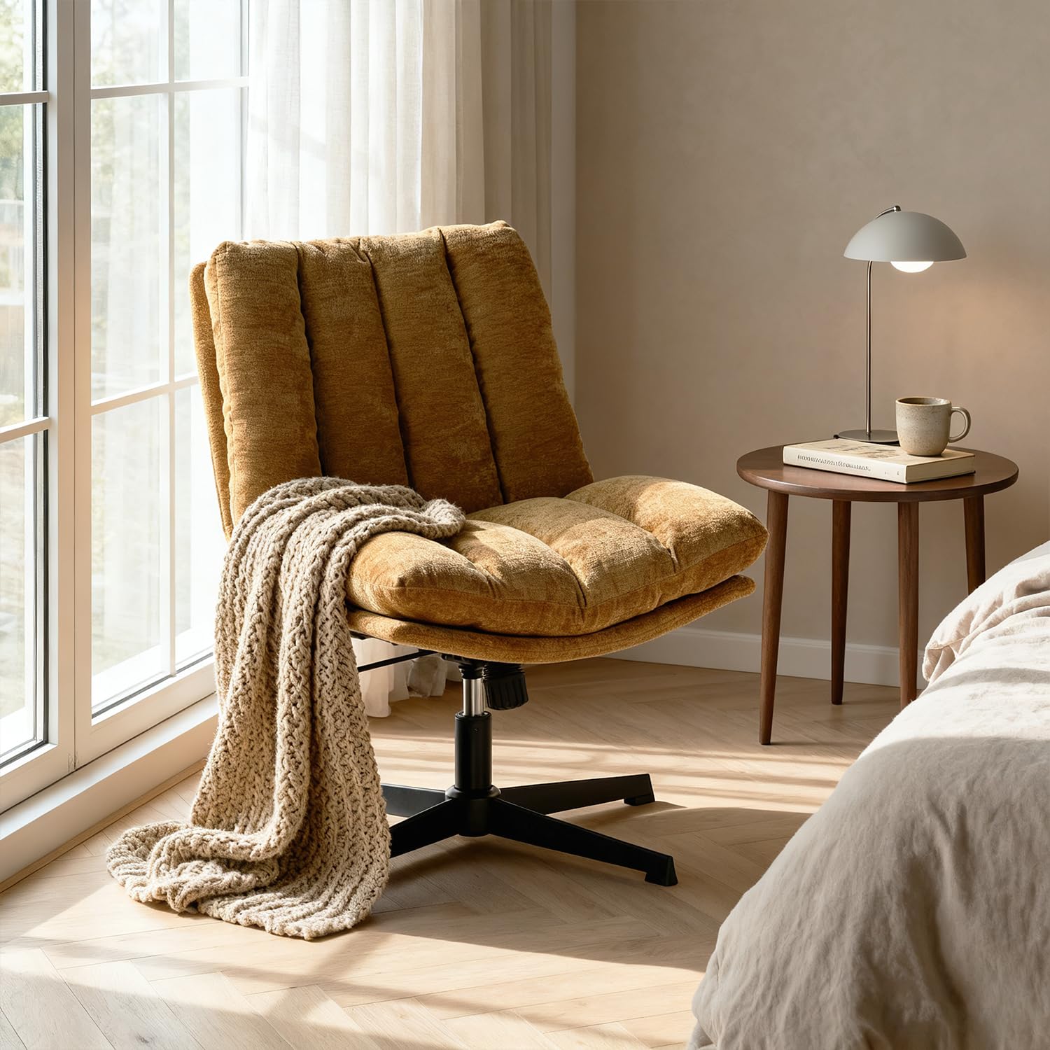 MEUBLE COSY Poltrona Girevole con Altezza Regolabile, Sedia da Salotto Funzione di Inclinazione Libera, Poltroncina Relax con Schienale Seduta Imbottito in Tessuto, Giallo