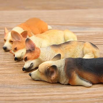 Miniature Corgi Figurine, Dollhouse Miniature Corgi, 1:12 Sleeping Welsh Corgi Dog, Home Fairy Garden Decoration, Simulation Dog Resin Figures (2PCS) (Yellow on Stomach)