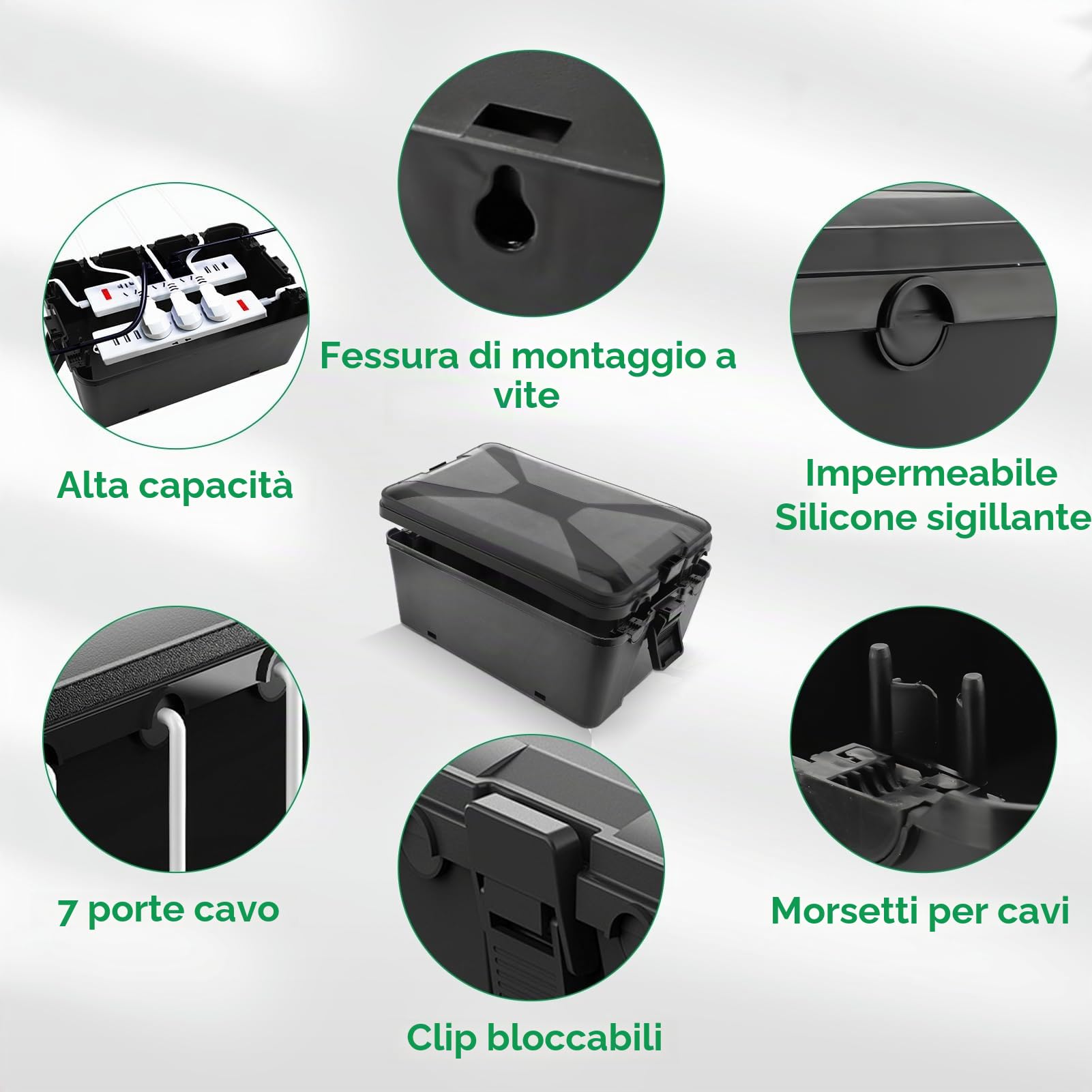 Gugxiom Grande scatola impermeabile per esterni, 32 x 22 x 13 cm, IP54, Outdoor Electric Box, 7 cavi porte, scatola per cavi di prolunga, ciabatta e connettori esterni (nero)