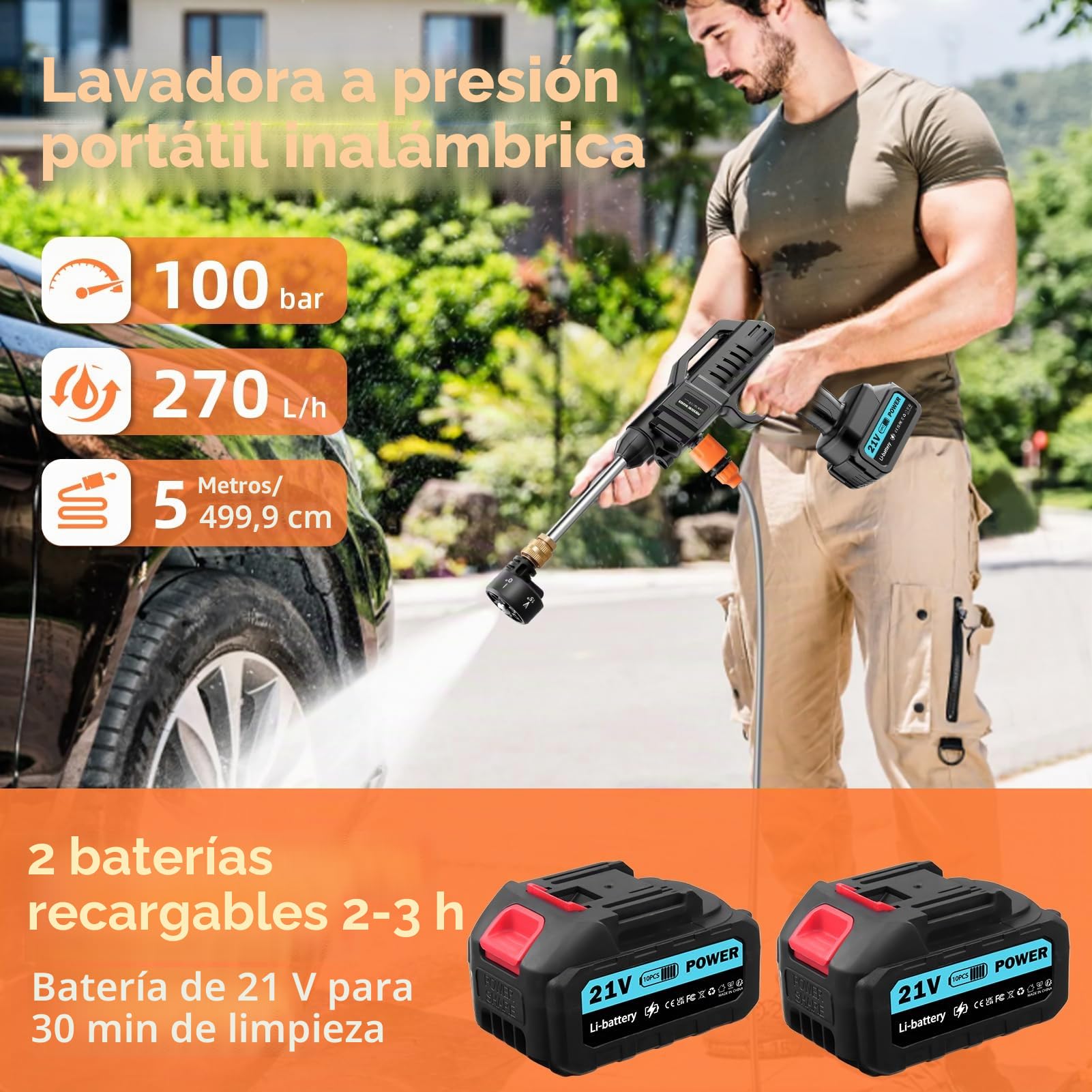 Limpiador de alta presión, 100 bar, 270 L/H, pistola portátil con 2 baterías de 3000 mAh, boquilla ajustable, manguera de 5 m para suelo de coche