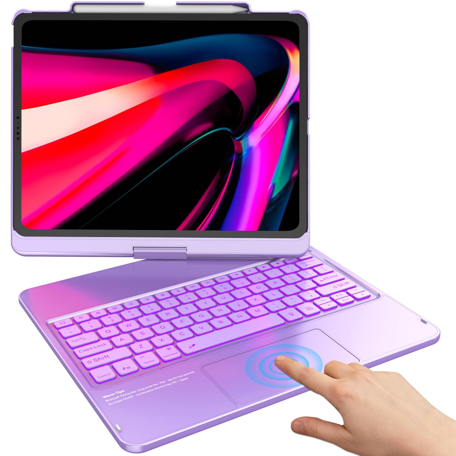 Photo 1 of ***Missing Charger cable***TQQ iPad Air 13 Inch Case Keyboard (M4 2026/M3 2025/M2 2024), iPad Pro 12.9 (6th, 5th, 4th, 3rd Gen) Keyboard - 360° Rotatable, 7-Color Backlight, Multi-Touch Trackpad, Thin & Light (Purple)
