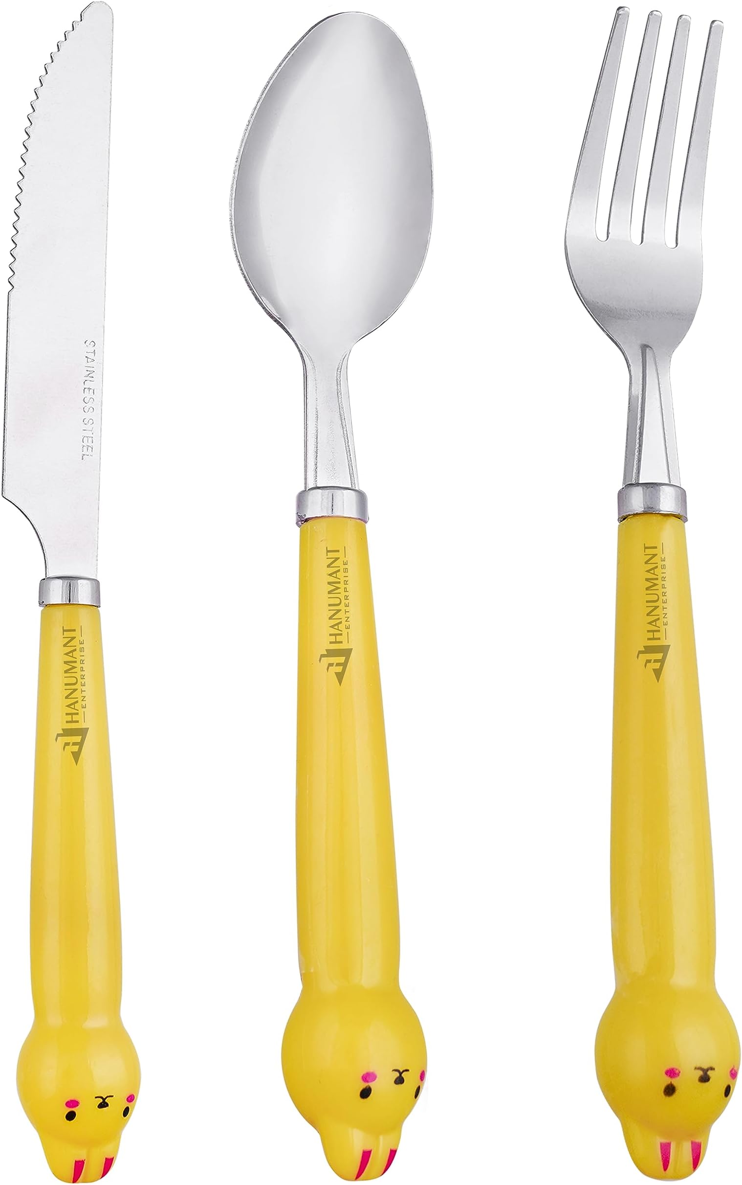H HANUMANT ENTERPRISE Kids Silverware with Plastic Handle | Childrens Safe Flatware | Kids Utensils Stainless Steel | Spoon + Fork + Knife Set | 18+ Months | 3 Pieces | Yellow
