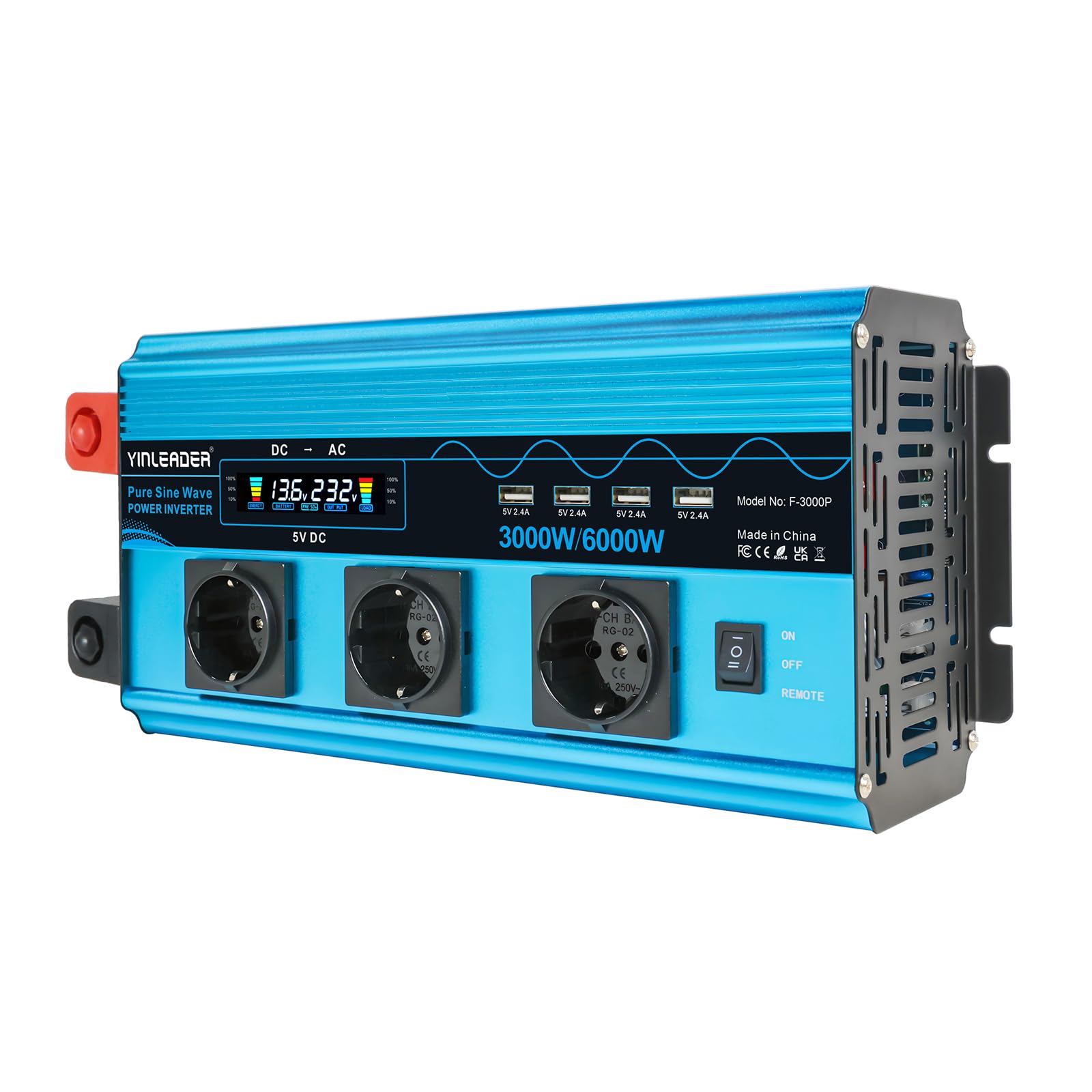 Inversor de Corriente Onda Pura 3000W Transformador De 12v A 230v con 3 Tomas de CA y 4 x USB LCD, Control Remoto inalámbrico