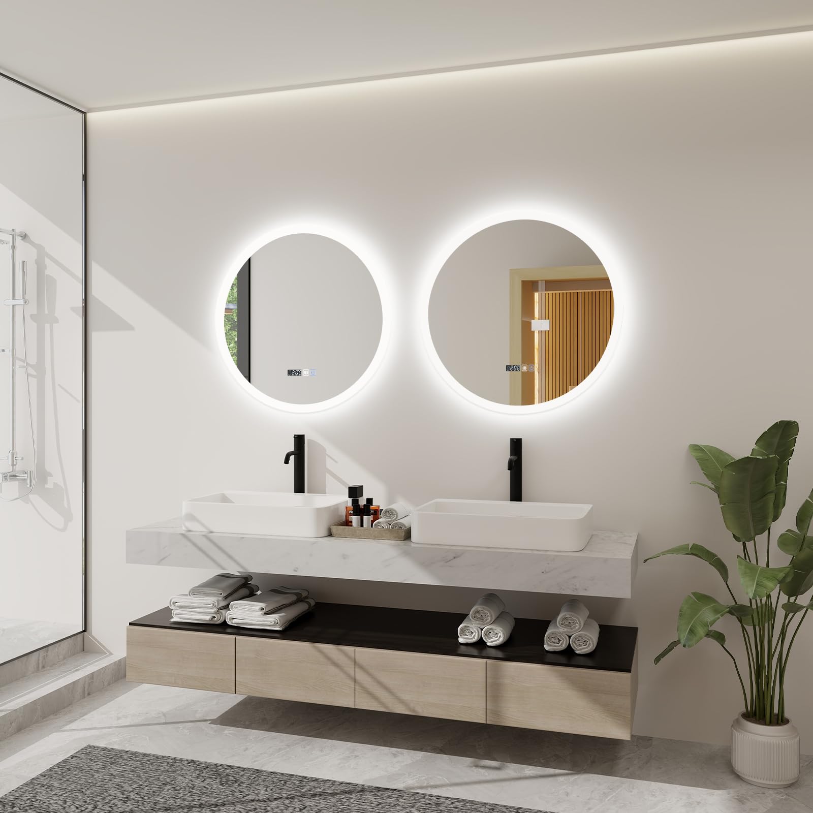YU YUSING Specchio Bagno con Luce LED, Rotondo, 60 cm, 3 Colori, Luce Regolabili, Specchio da Parete, con Interruttore Touch e Funzione Antiappannamento, Visualizzazione del Tempo, IP44