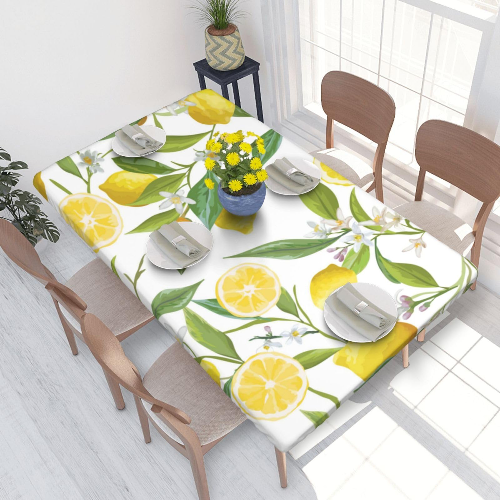 WKSGDSG Fitted Tablecloths For 4 Foot Rectangular Table, Fresh Tropical Lemons Elastic Edged Table Cover, Waterproof Wipeable Table Cloth For Indoor Outdoor Kitchen Dinning Room Parties 122x76 Cm