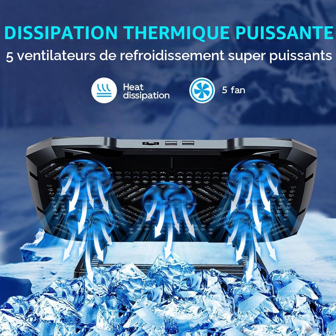 AIMIUZI Support de refroidissement pour ordinateur portable de 12 à 15,6", 5 ventilateurs silencieux, 5 angles réglables (noir)