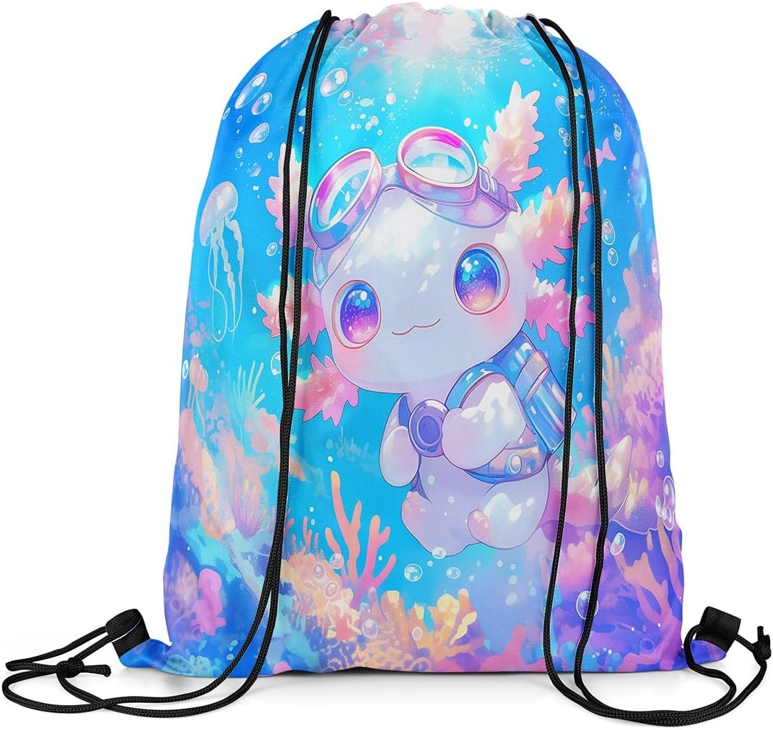 Homewish Cute Axolotl Drawstring Bag Blue Underwater View Ocean Theme Draw String Backpack for Adults Men Women Cartoon Lovely Wild Sealife Gym Sports Sackpack String Bag 13"x16"