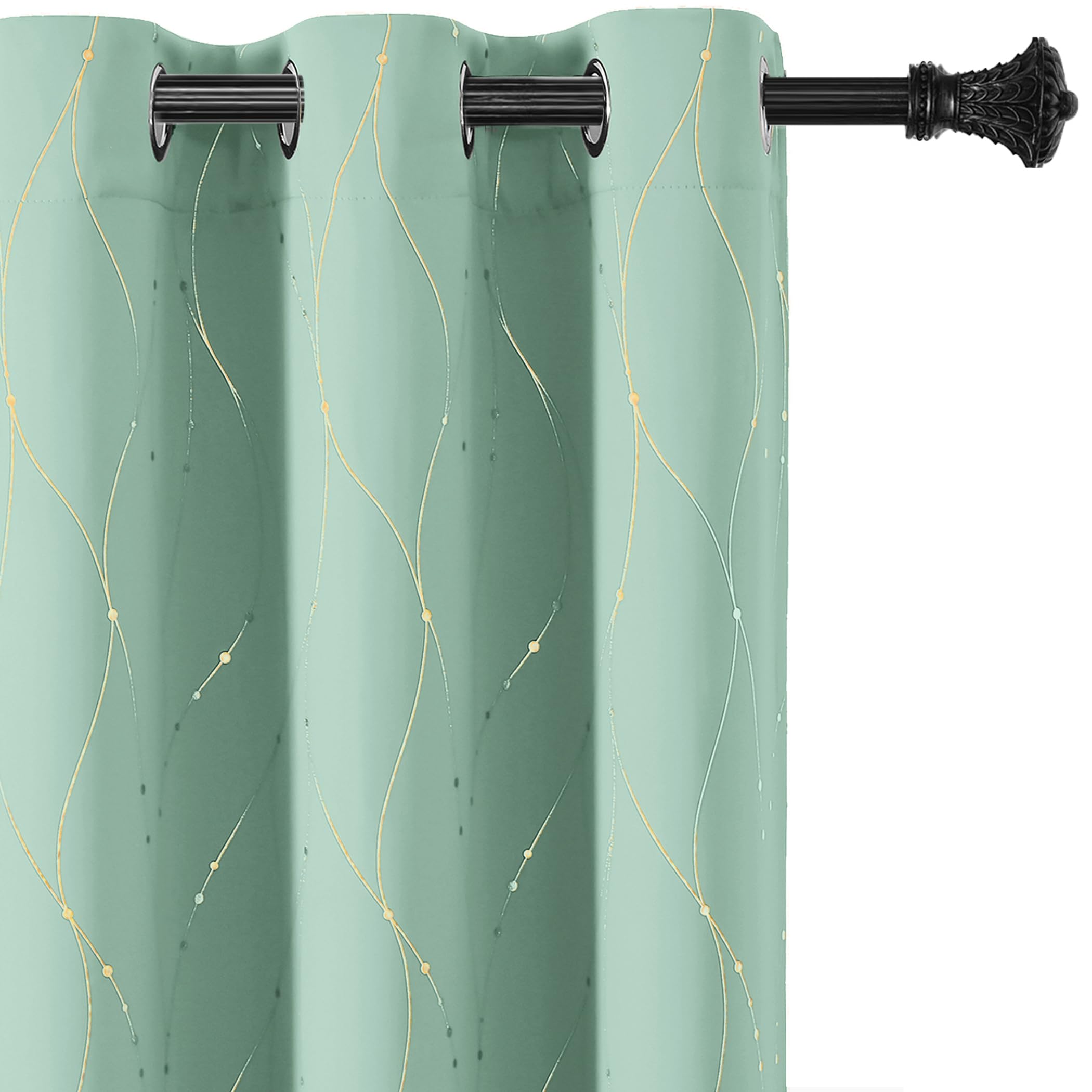 BUHUA Blackout Curtains Gold Foil Print Wave Line and Dots Grommet Drapes, Room Darkening Thermal Insulated Curtains, Noise Reducing Curtain for Bedroom, Aqua, 52Wx72L, 2 Panels — image 1