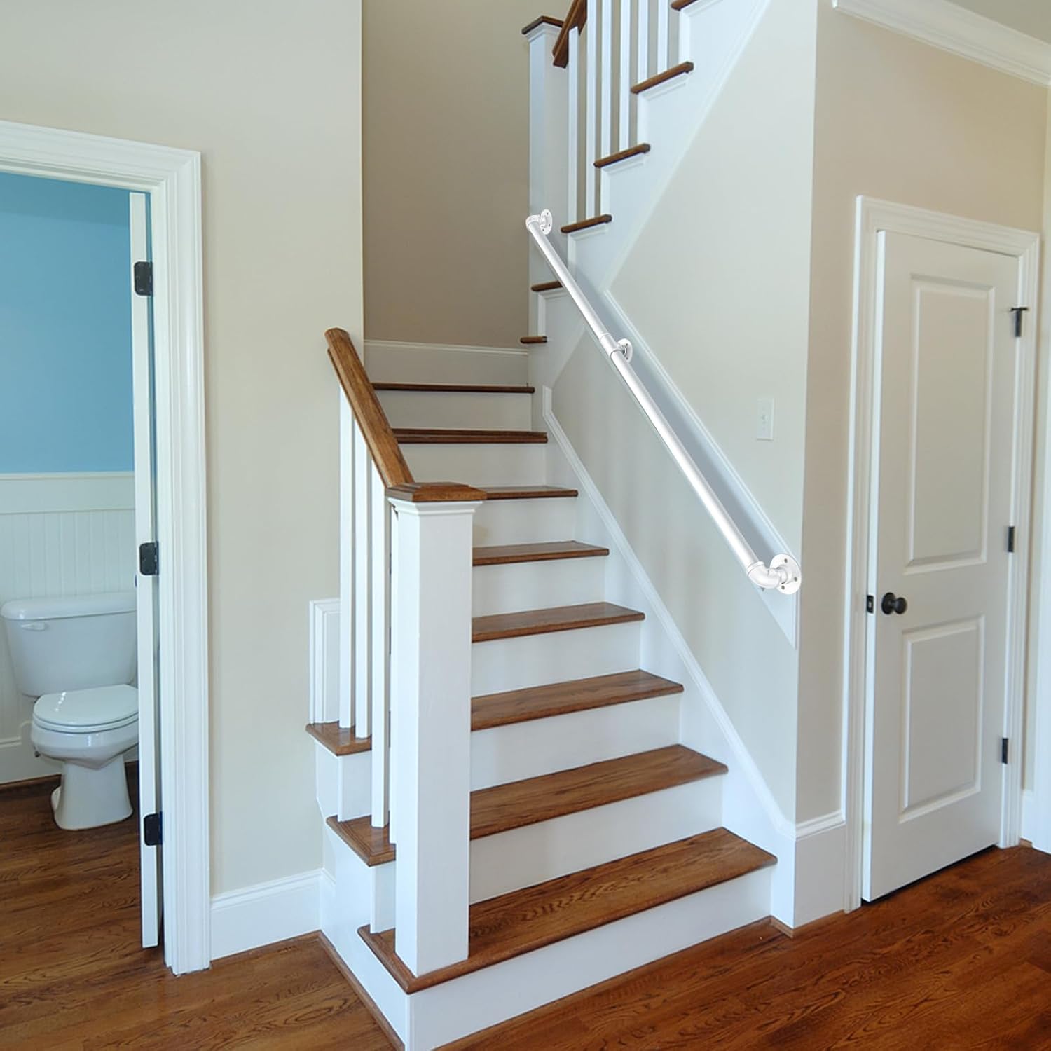 Wall Mount Industrial Staircase Handrails 7FT, 1.3" Hand Rails for Indoor Stairs,White Galvanized Pipe Stair Handrail,Grab Bar for Steps,Stair Railing Indoor