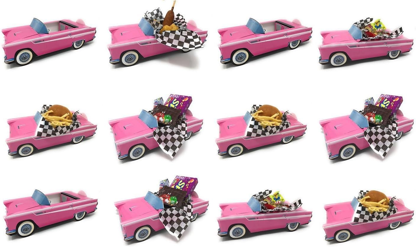 12 Classic Car Party Food Boxes with Wax Paper - 50's Pink Birthday Set