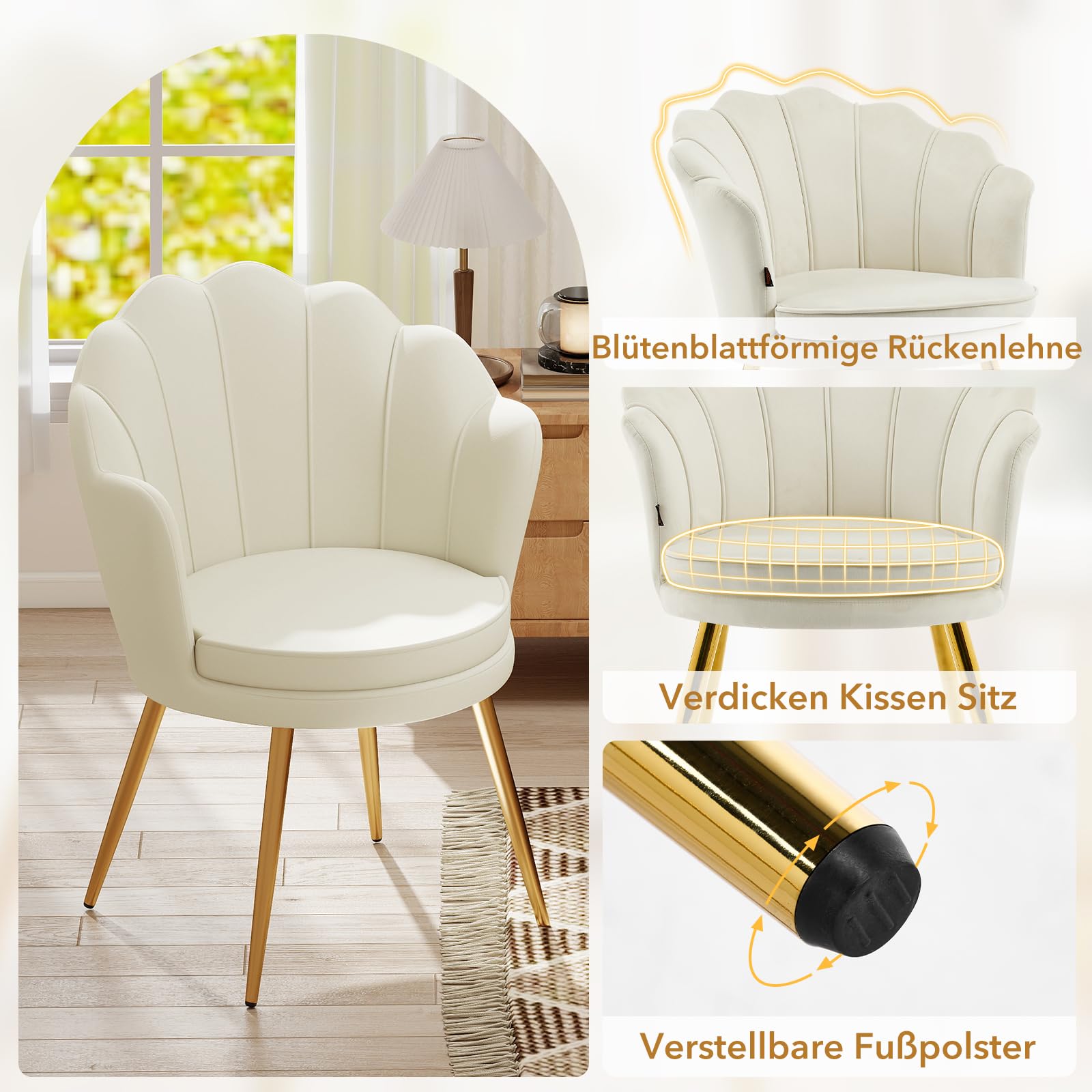 Esszimmerstühle aus Samt, Schminktisch Stuhl, Muschelsessel mit Blütenblatt-Rückenlehne, Polstersessel Stuhl Schminktisch mit Gold Metallbeinen für Schlafzimmer Esszimmer Wohnzimmer, Beige