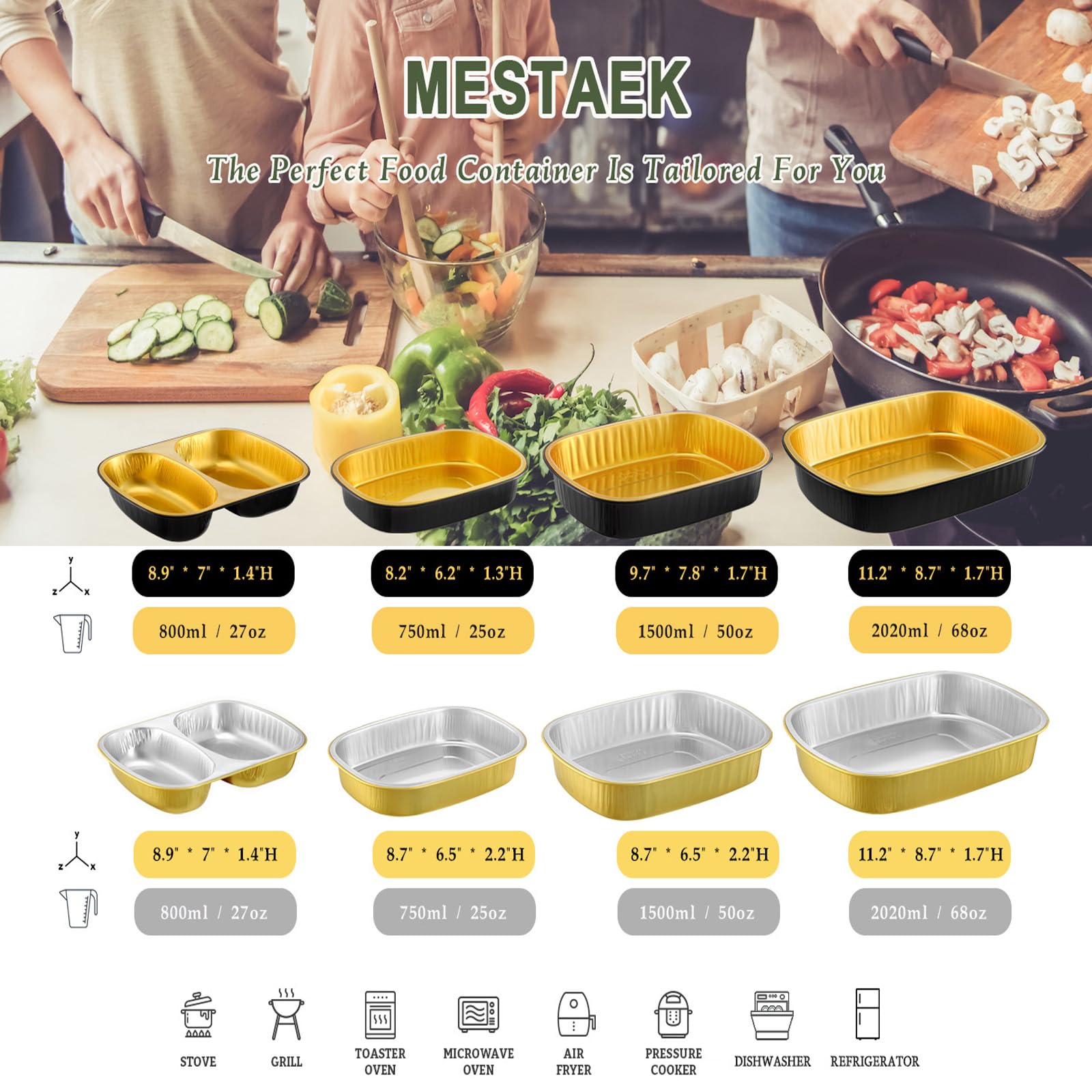 Sartenes ovaladas de aluminio con tapas a presión (paquete de 5) | 2 recipientes reutilizables más gruesos y resistentes de 50 onzas para llevar (negro)