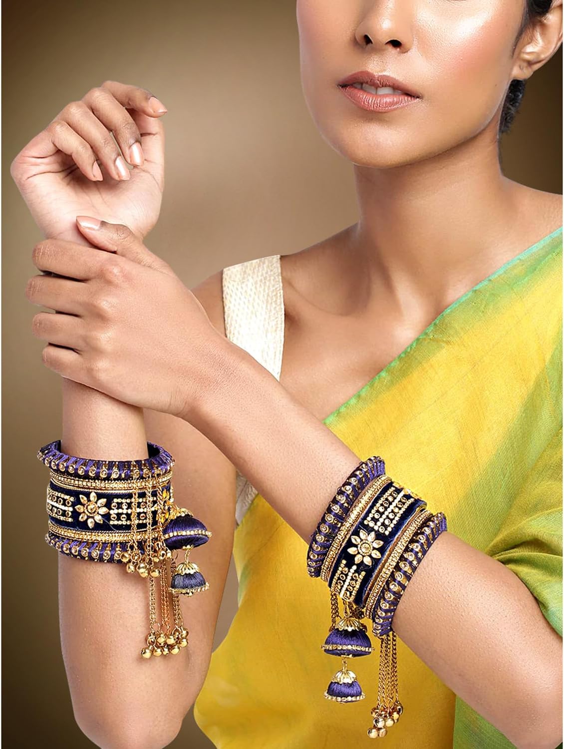 Aheli Wedding Party Designer Velvet Faux Stone Studded Bridal Bangle Set Chuda with Hangings Indian Traditional Ethnic Fashion Jewelry Gift for Women - Image 2