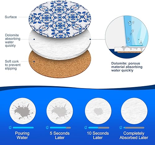 Miniatura 3 de Posavasos de cerámica absorbentes para bebidas, juego de soporte de metal, seco y limpio, parte inferior de corcho antideslizante, porcelana azul y