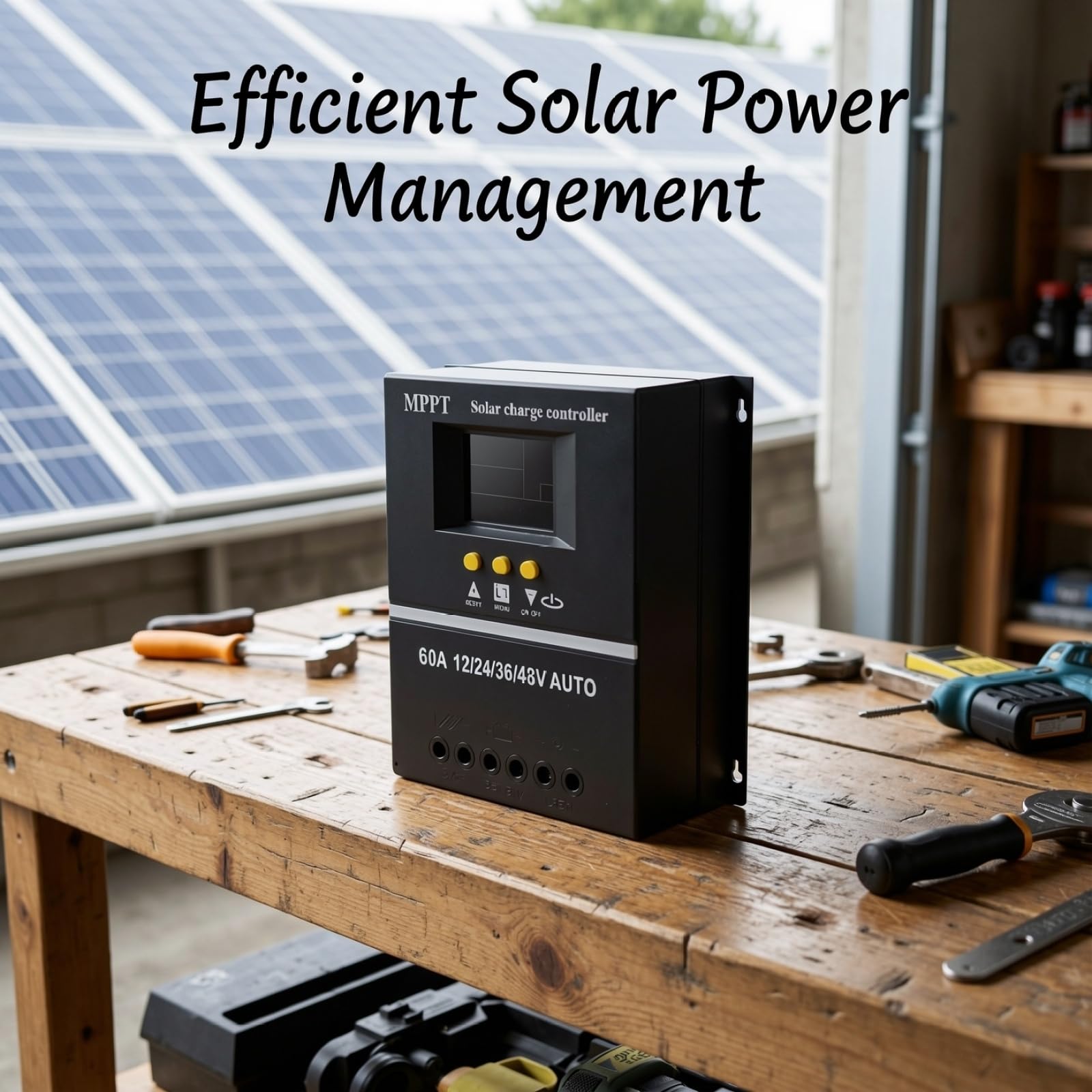 Regolatore di carica solare Maximum Power Point Tracking 60 A, auto 12 V 24 V 36 V 48 V, display LCD, diverse funzioni di protezione, alloggiamento in metallo nero, regolatore compatto 19,5 x 18,2 x