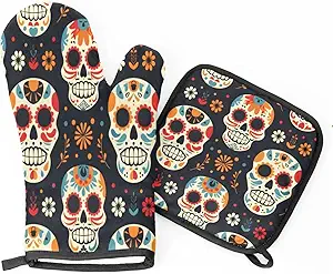 Sugar Skull Floral Oven Mitts and Pot Holder Set of 2, Kitchen Heat Insulation Pads Non-Slip Potholders Flowers Skull Skeleton Baking Gloves for BBQ Cooking Baking