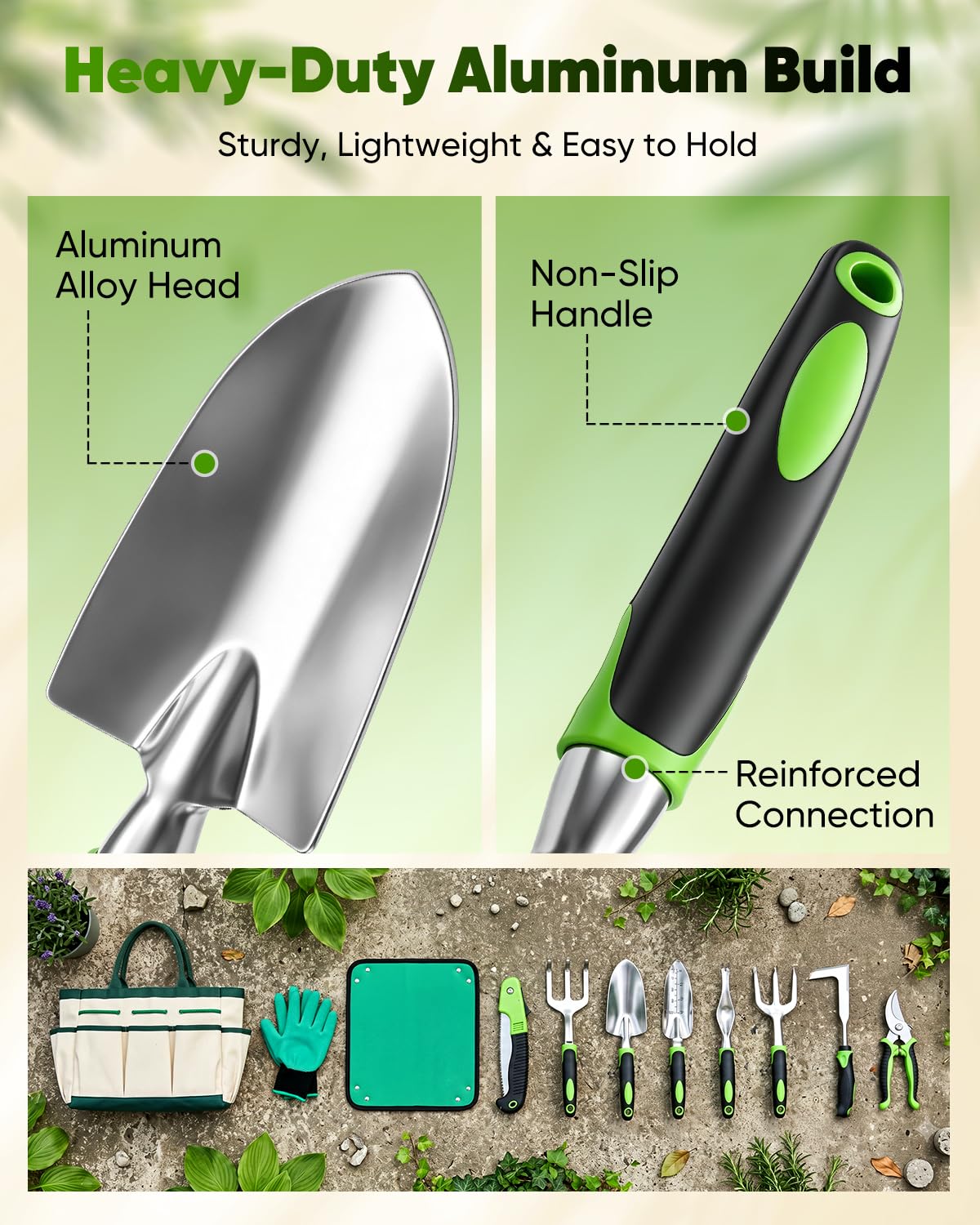 Juego de herramientas de jardín - Kit de herramientas de jardinería de aluminio con asas antideslizantes, guantes de jardinería y bolsa de almacenamiento para plantar, cavar, cuidar el suelo, macizos