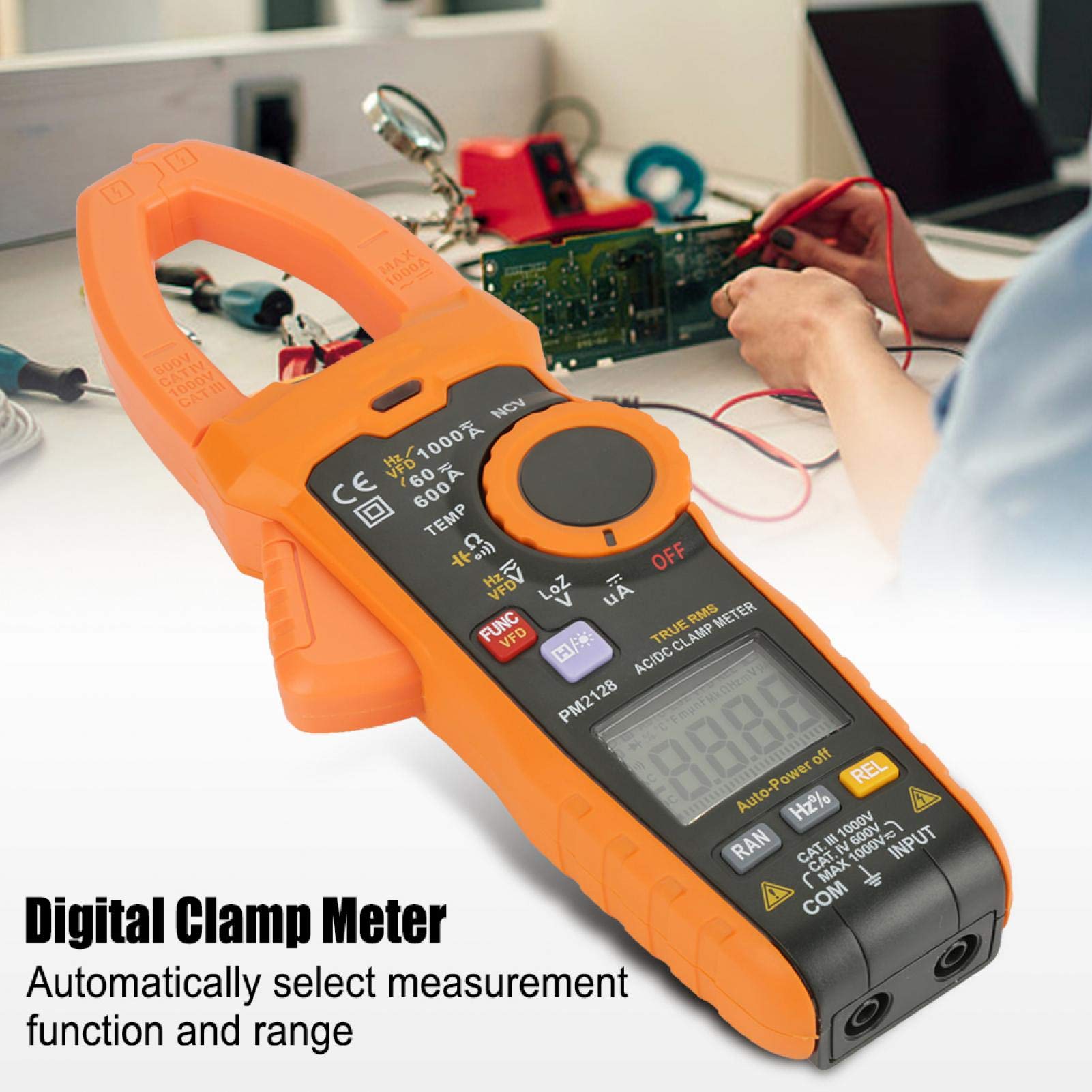 Pinza amperimétrica, portátil 1000A Pinza amperimétrica PM2128 Multímetro Pantalla LCD digital Pinza amperimétrica Voltaje CA/CC Medidor de corriente Pantalla retroiluminada con linterna