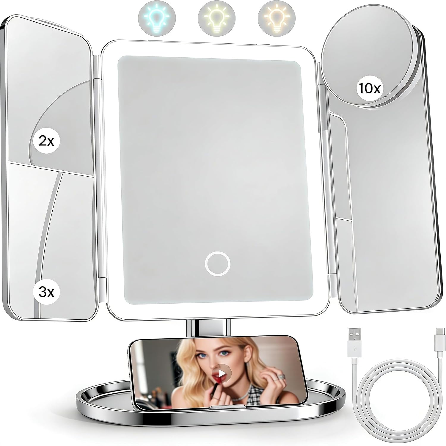 Lupow Makeup Mirror Vanity Mirror with 3 Lighting and Adjustable Brightness,Detachable Height-Adjustable Dresser Mount (Silver)